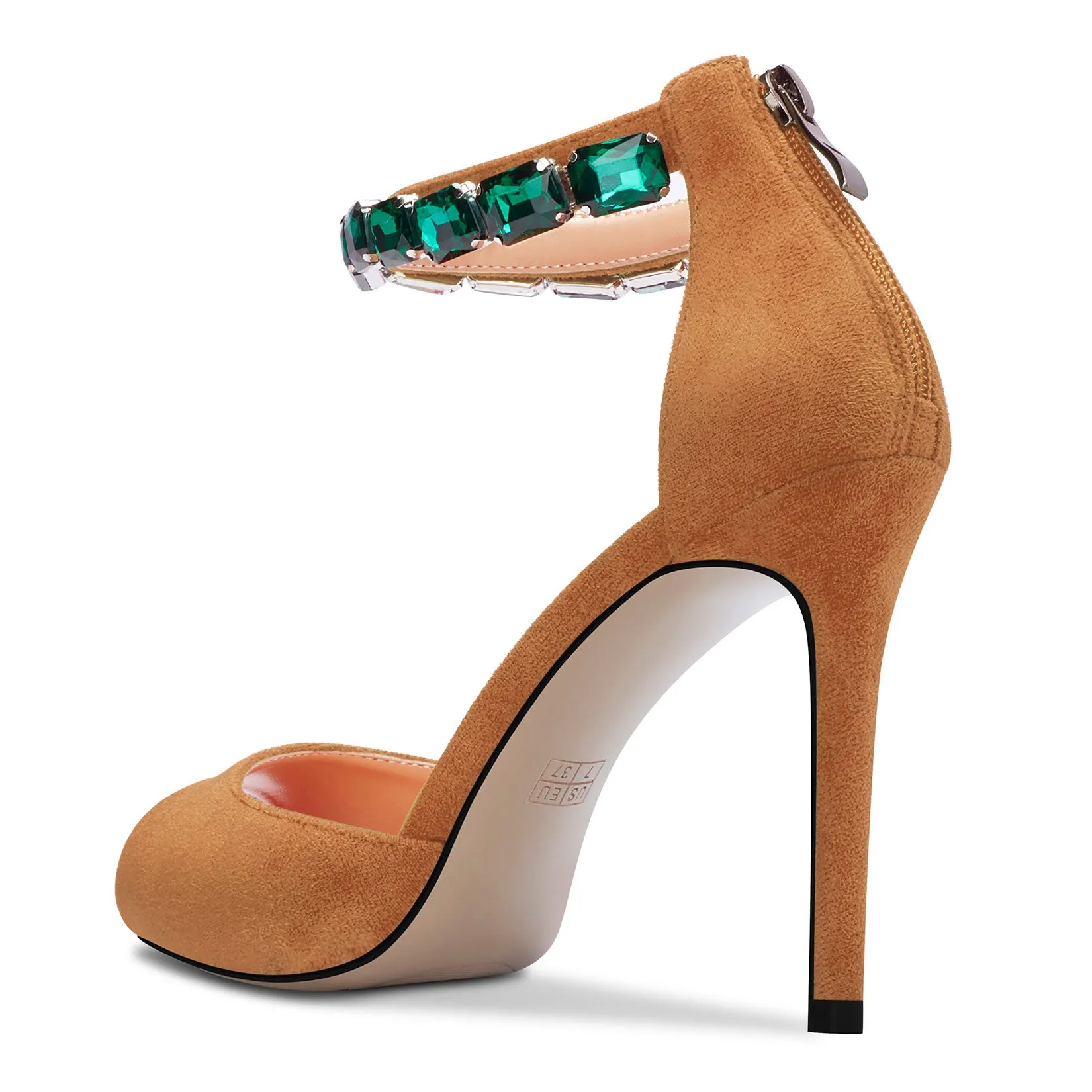 Ladies High Heels Stiletto Pumps Ankle-Strap with Gemstone Peep-toe Sandals Suede 4 Inches Heel