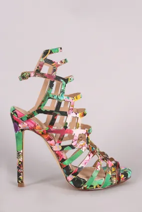 Liliana Floral Print Laser Cutout Peep Toe Stiletto Heel