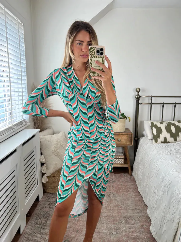 Love And Joy London Midi Wrap Dress In Green Print