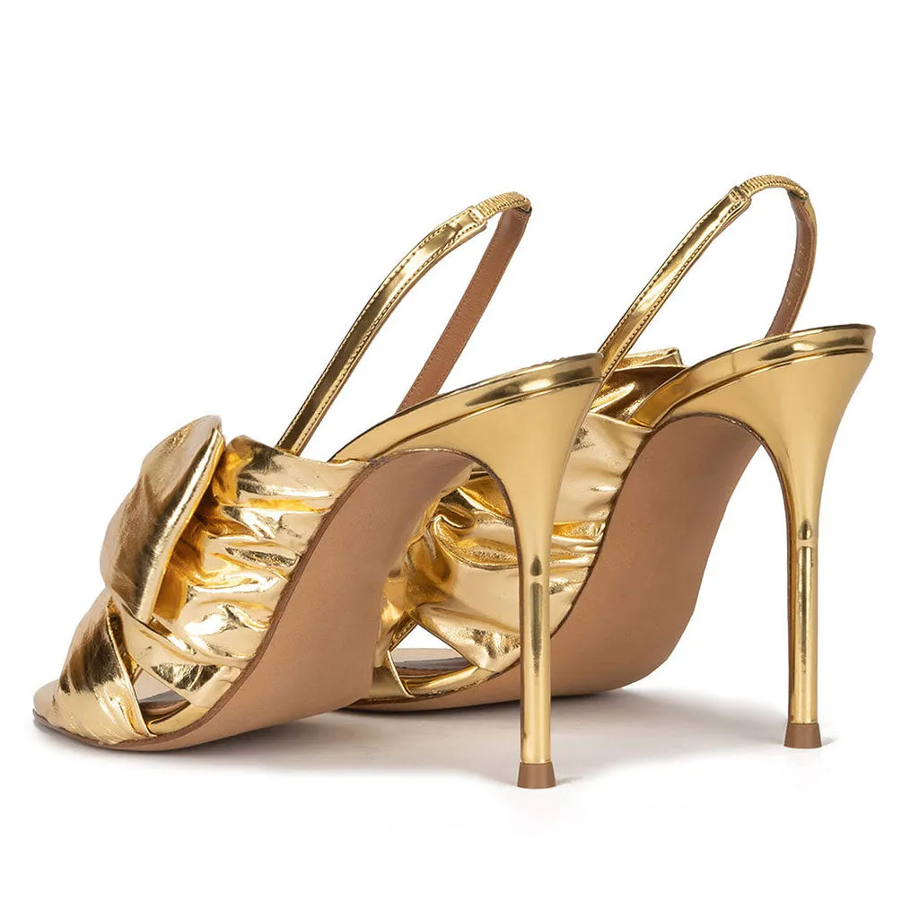 Luxury Metallic Bow Detail Round Toe Stiletto Slingback Sandals - Gold