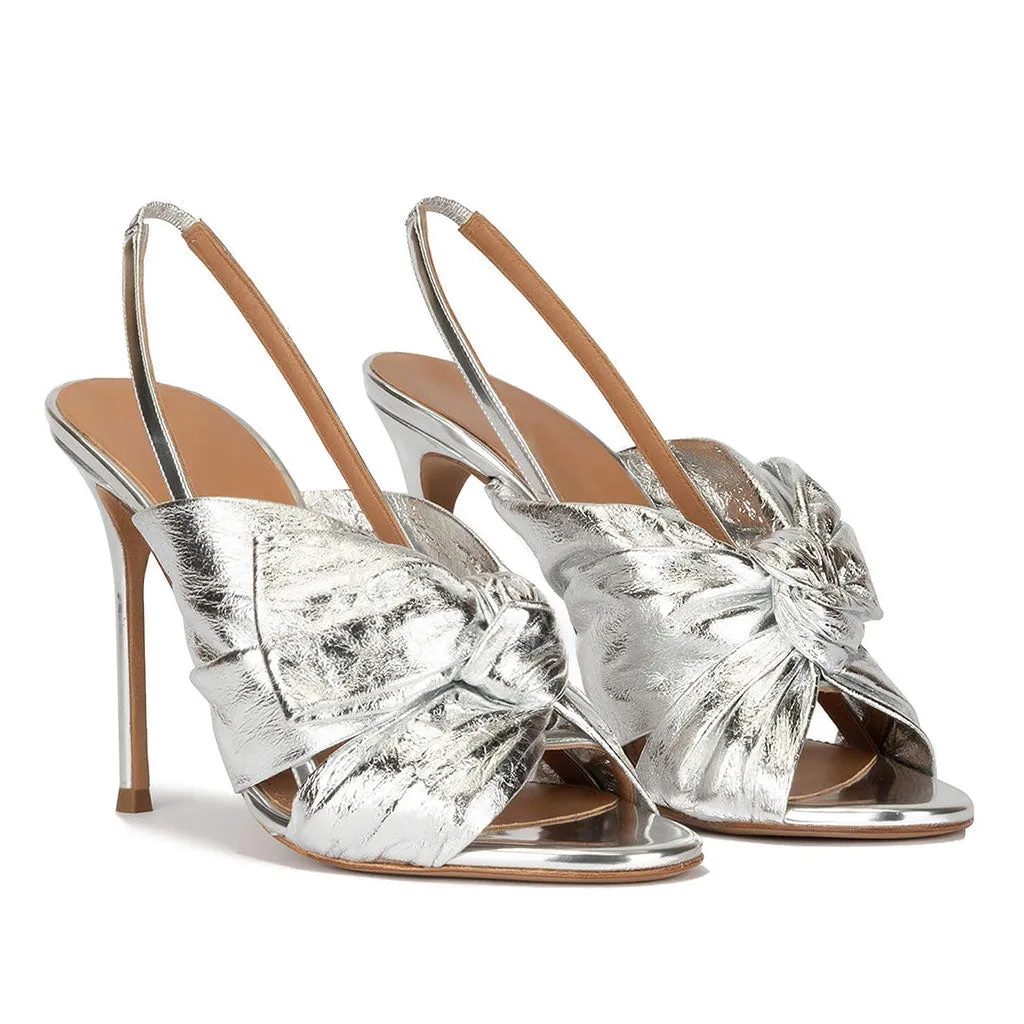 Luxury Metallic Bow Detail Round Toe Stiletto SlingBack Sandals - Silver