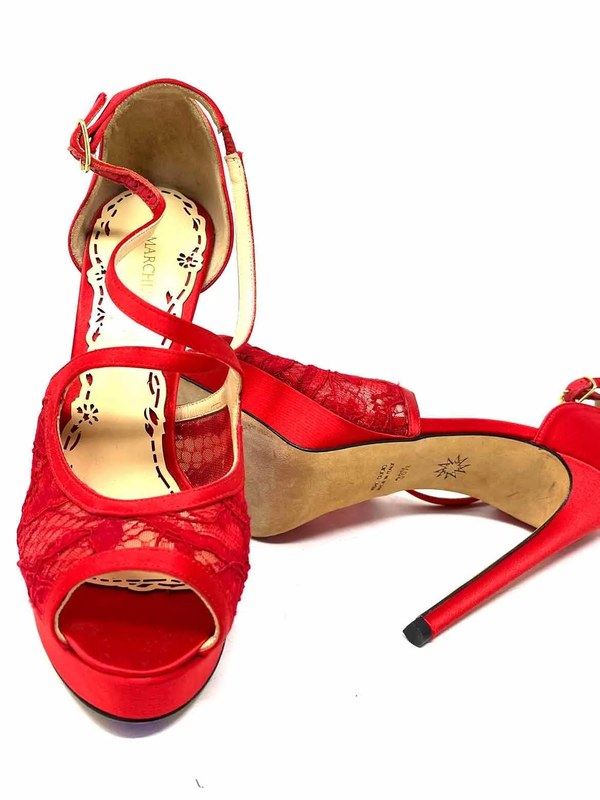 MARCHESA Women's Red Stiletto Satin Lace Platform Size 38.5/8 Sandals