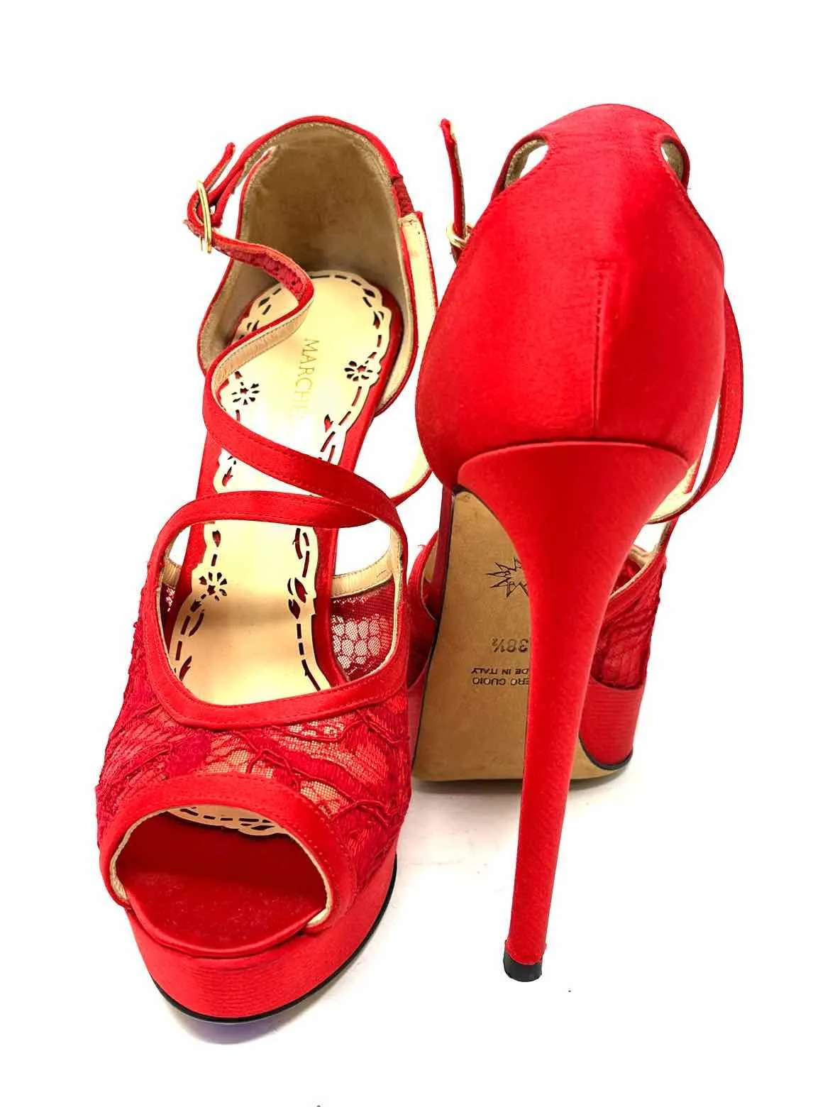 MARCHESA Women's Red Stiletto Satin Lace Platform Size 38.5/8 Sandals