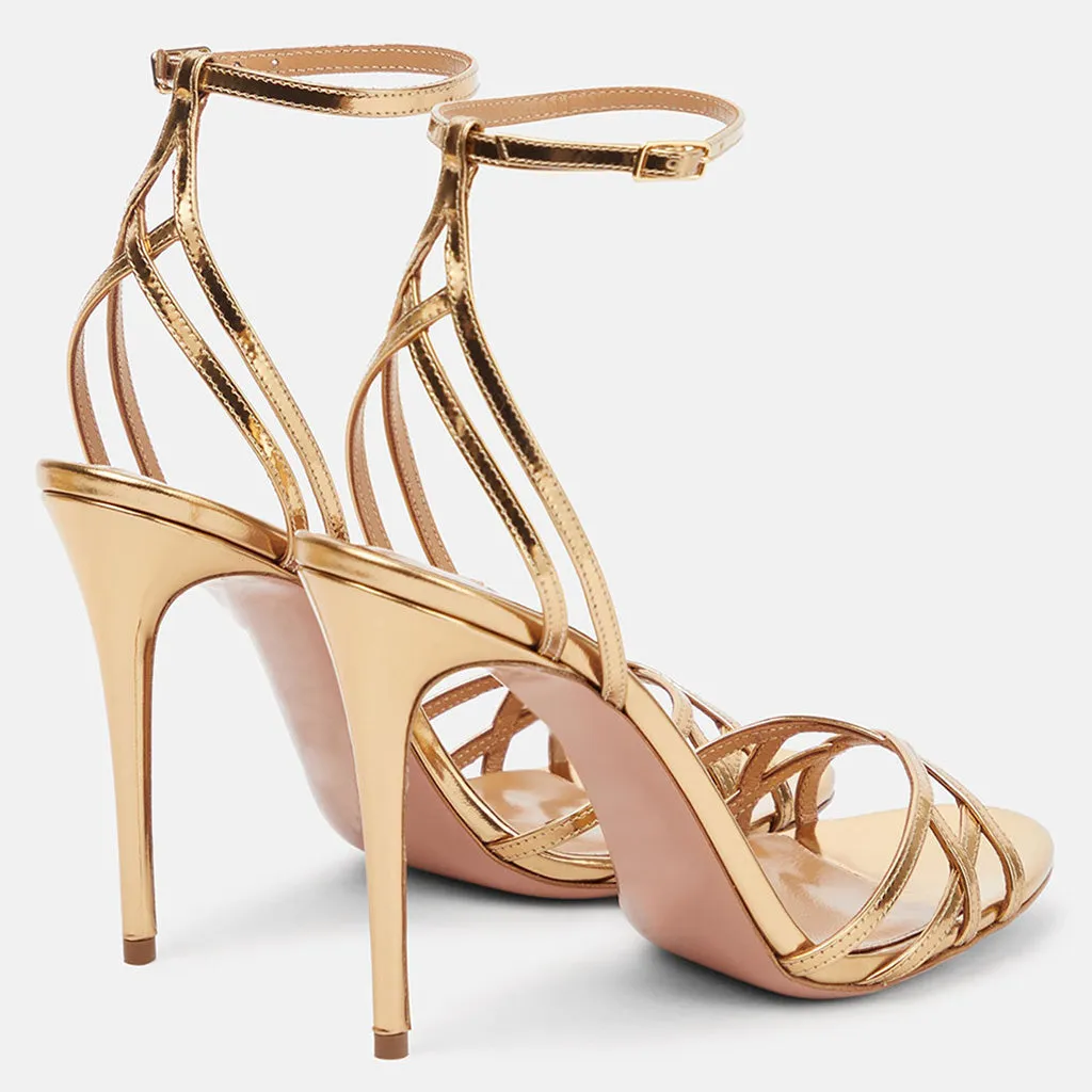 Metallic Strappy Peep Toe Stiletto Heel Faux Leather Ankle Sandals