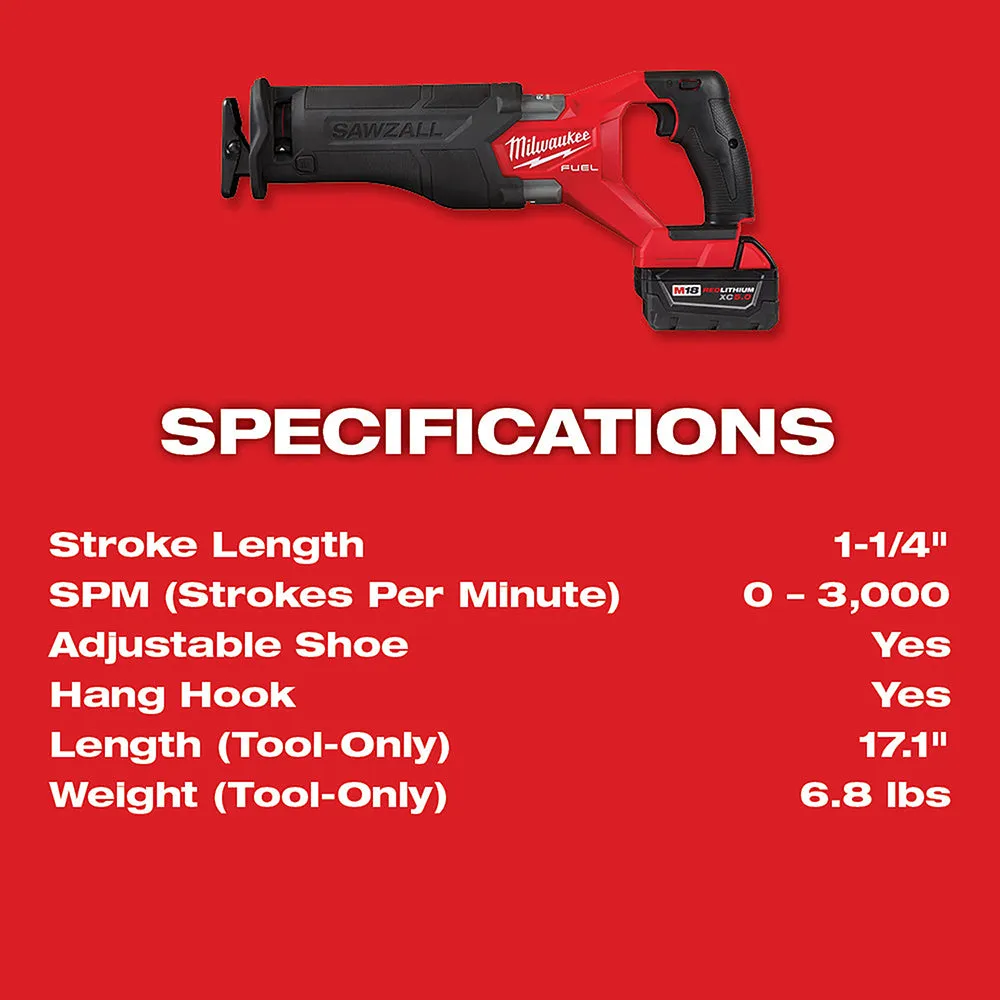 Milwaukee 2821-22 M18 FUEL 18V SAWZALL Cordless Reciprocating Saw Kit - 2/XC5.0