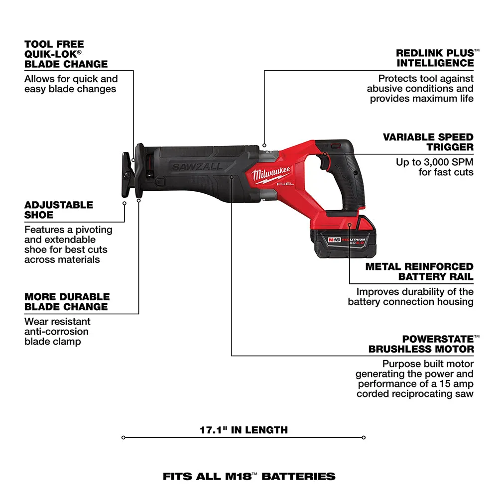 Milwaukee 2821-22 M18 FUEL 18V SAWZALL Cordless Reciprocating Saw Kit - 2/XC5.0