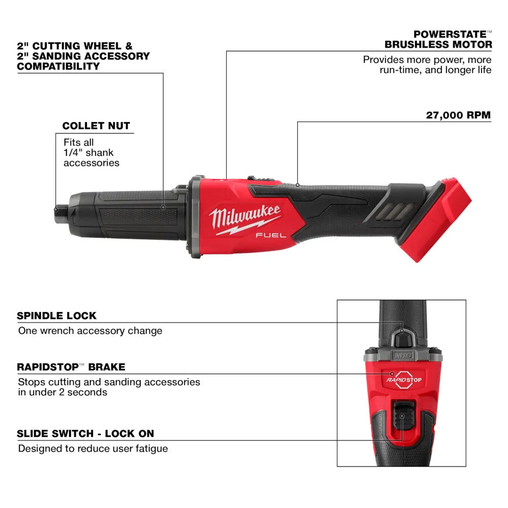 Milwaukee 2939-20 M18 FUEL 18V Braking Die Grinder w/ Slide Switch - Bare Tool