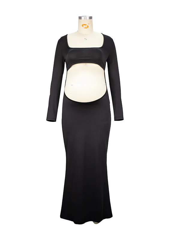 Momnfancy Black Long Cut Out Backless Long Sleeve Bandeau Bodycon Photoshoot Maternity Maxi Dress