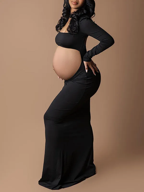 Momnfancy Black Long Cut Out Backless Long Sleeve Bandeau Bodycon Photoshoot Maternity Maxi Dress