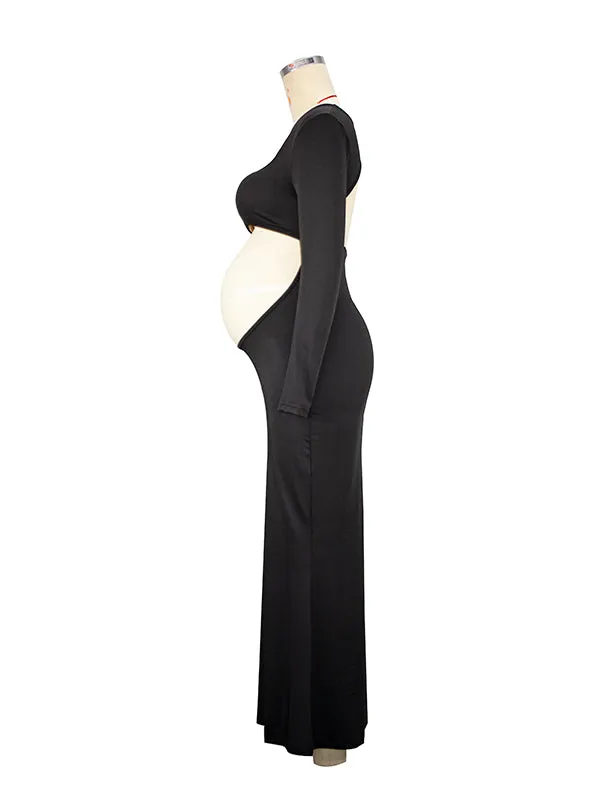 Momnfancy Black Long Cut Out Backless Long Sleeve Bandeau Bodycon Photoshoot Maternity Maxi Dress