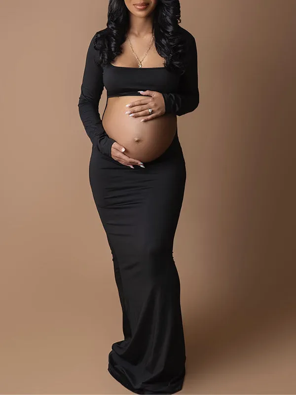 Momnfancy Black Long Cut Out Backless Long Sleeve Bandeau Bodycon Photoshoot Maternity Maxi Dress