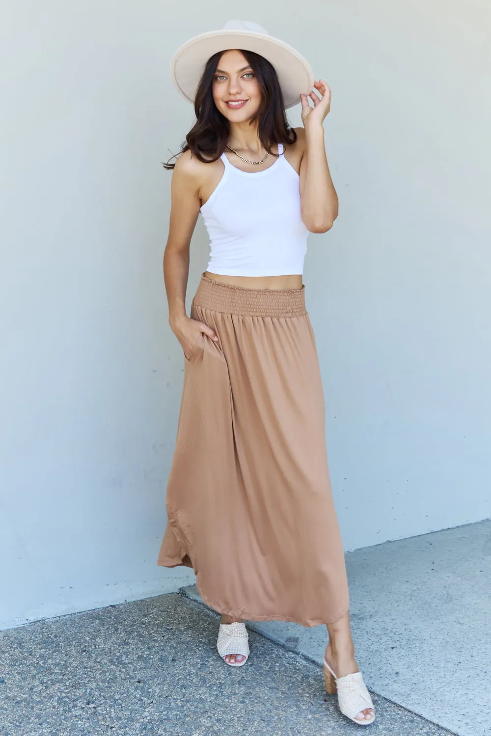 Ninexis Comfort Princess Full Size High Waist Scoop Hem Maxi Skirt in Tan