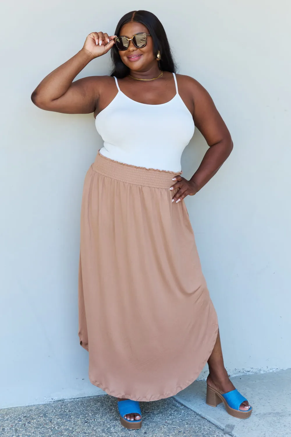 Ninexis Comfort Princess Full Size High Waist Scoop Hem Maxi Skirt in Tan