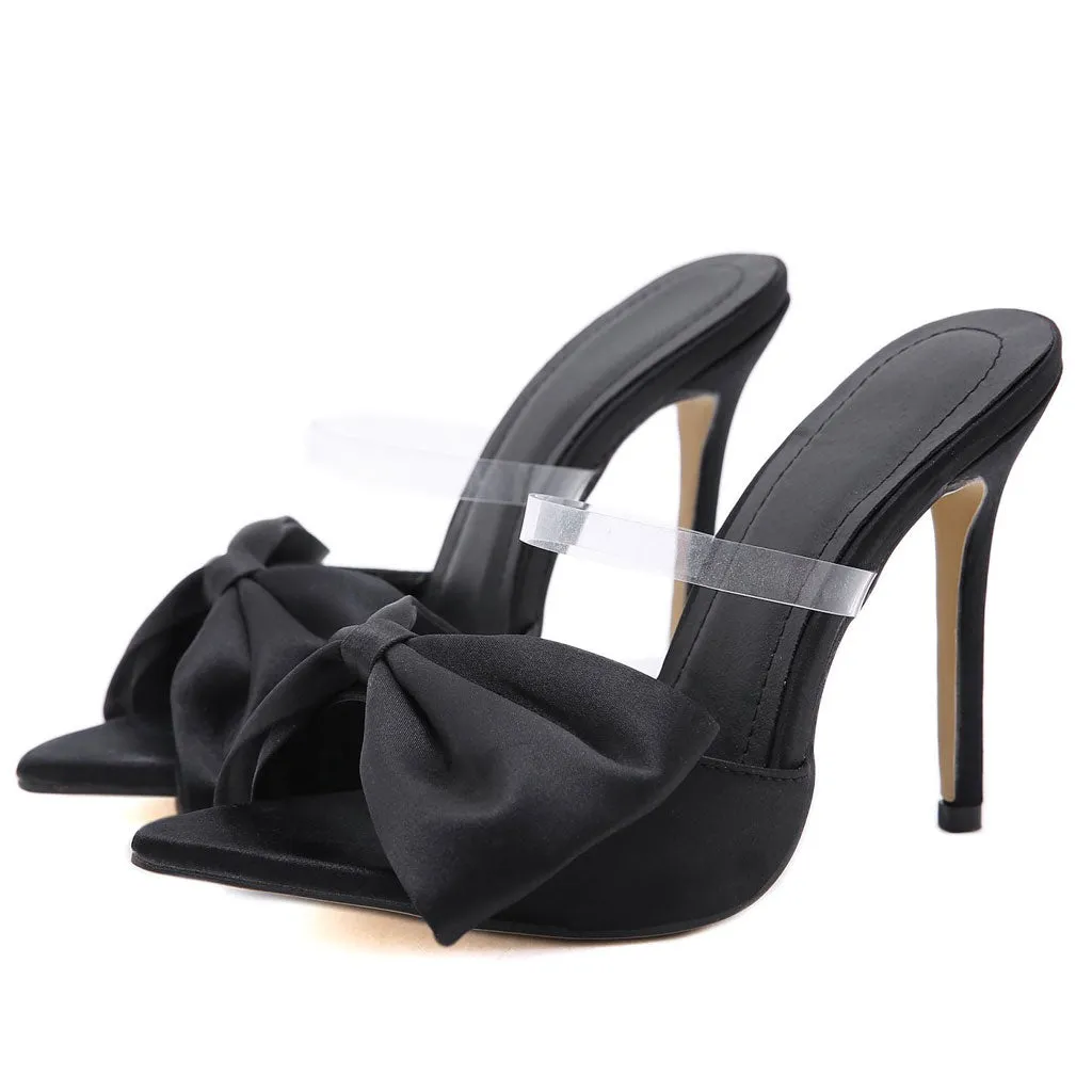 Peep Toe Bowknot Clear Strap High Heel Satin Mules - Black