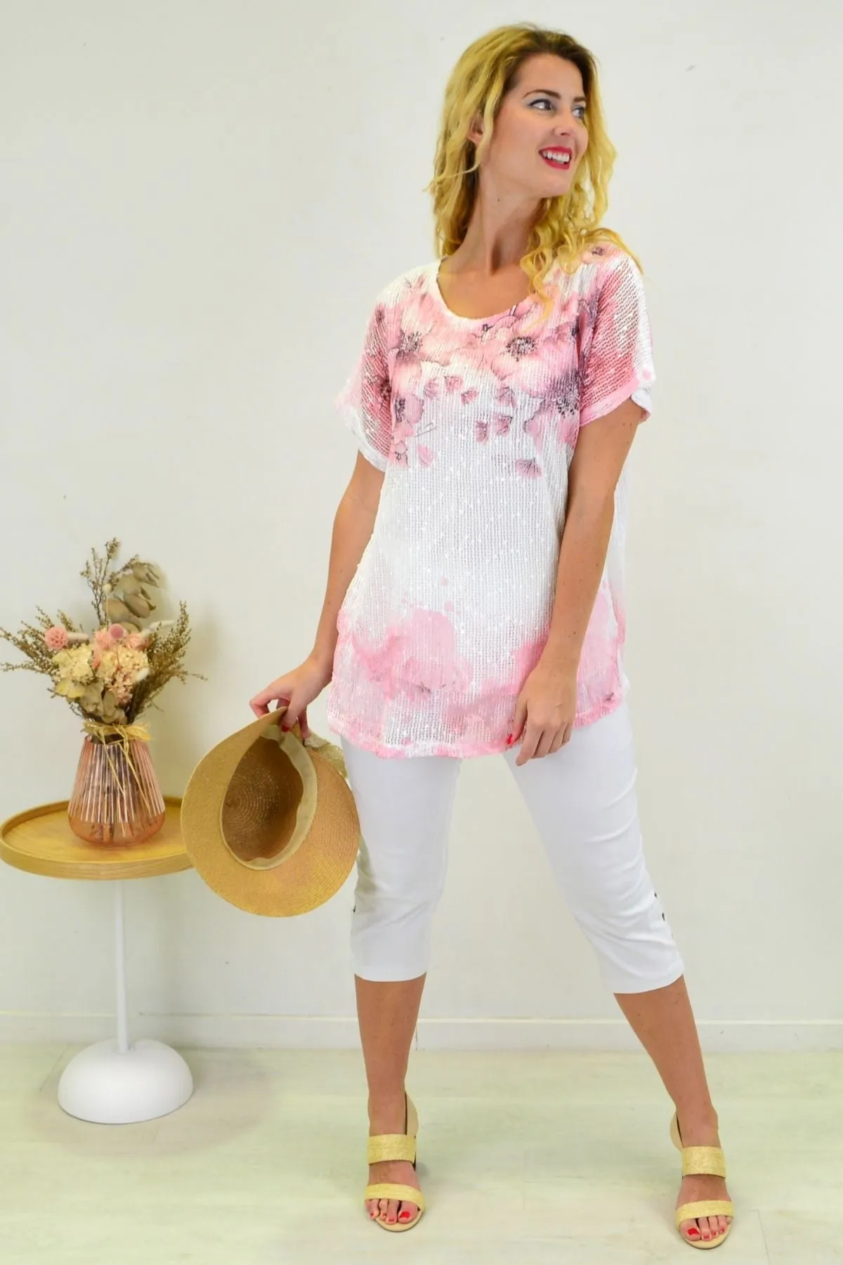 Pink Floral Net Tunic Top