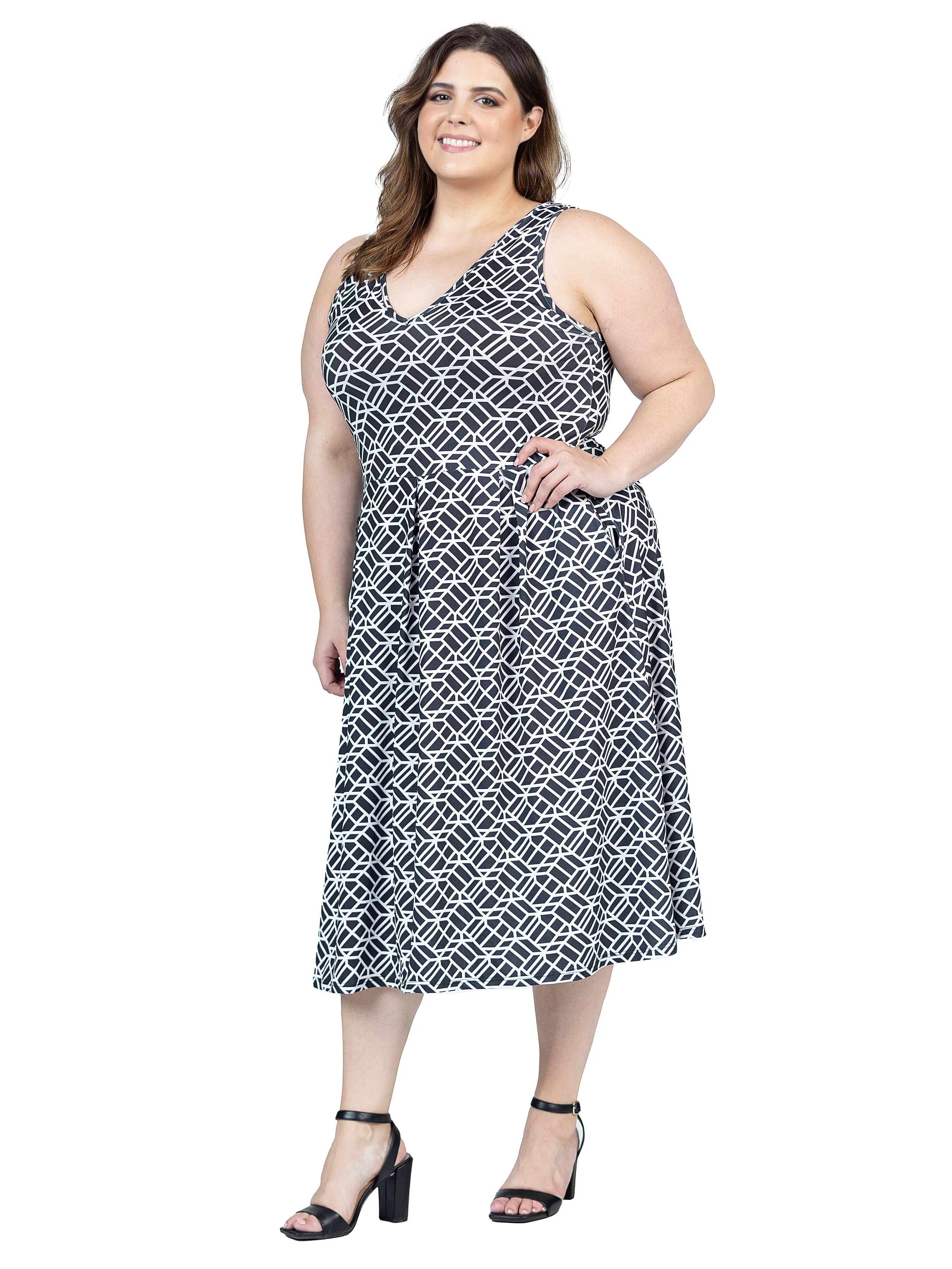 Plus Size Midi Length Black Geo Print Sleeveless Pleated Pocket Dress