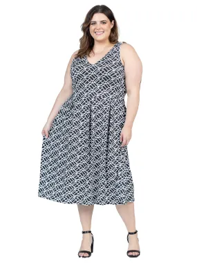 Plus Size Midi Length Black Geo Print Sleeveless Pleated Pocket Dress