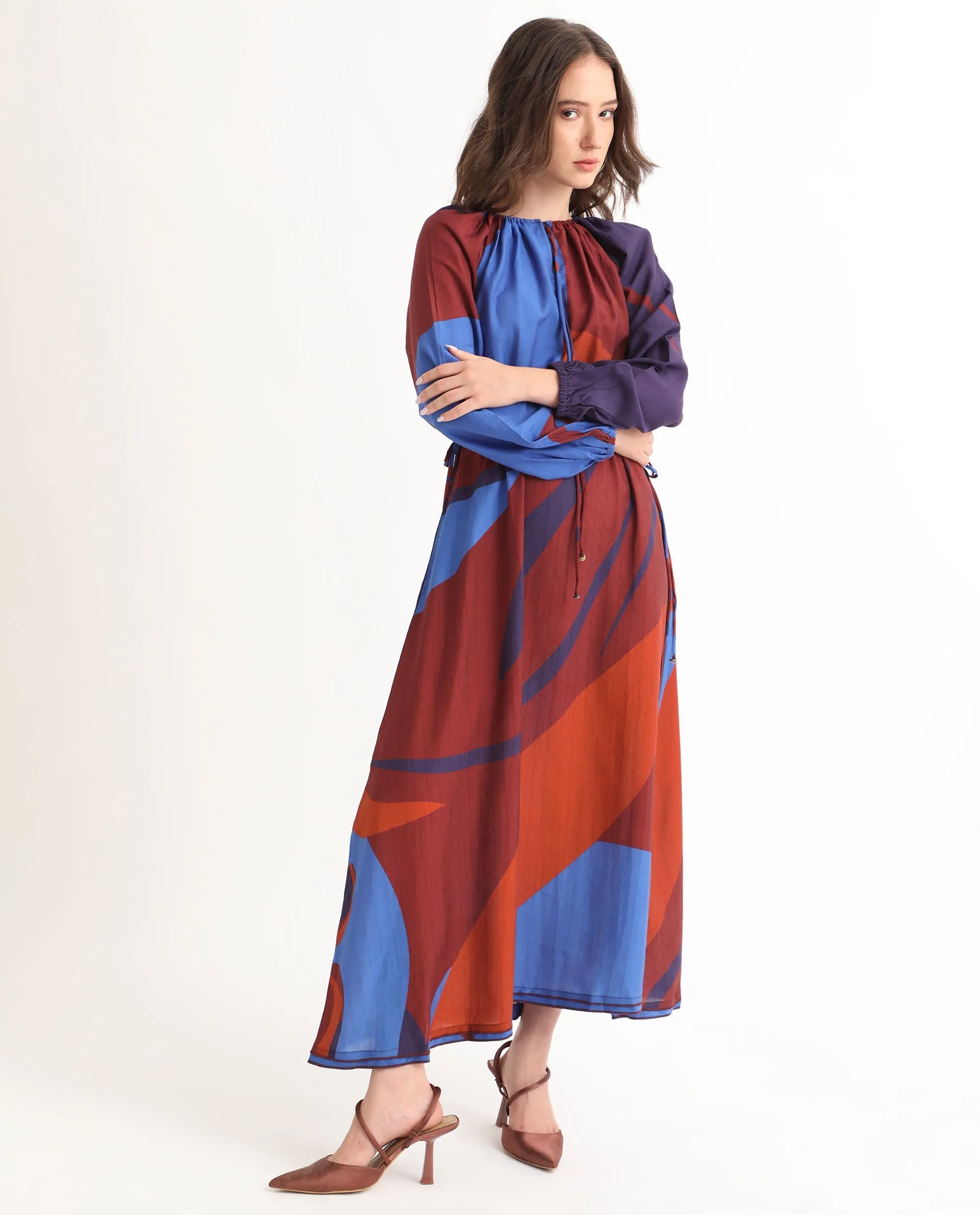 Rareism Women Telor Brown Polyester Fabric Full Sleeves Ruffled Neck Balloon Sleeve Regular Fit Abstract Print Maxi A-Line Dress