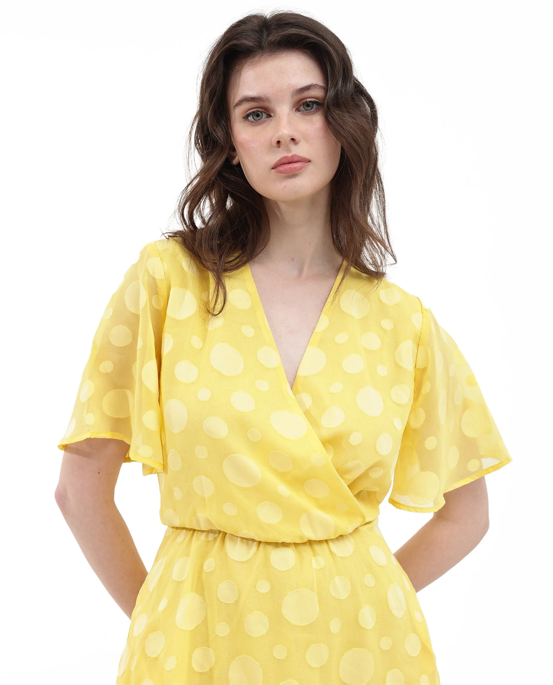 Rareism Women Wallant Yellow Polyester Fabric Regular Sleeves Key Hole Neck Solid Longline Dress