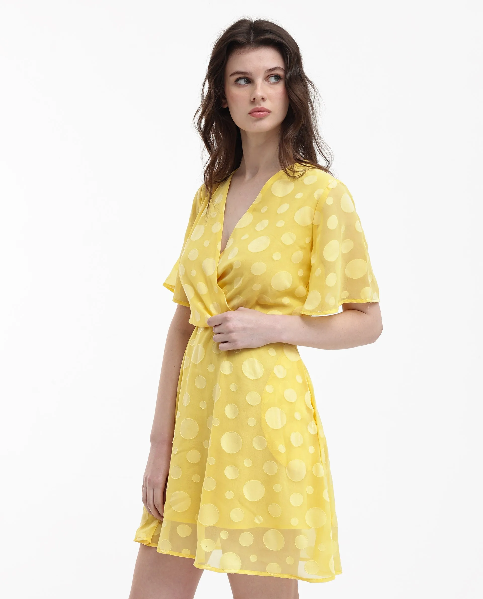 Rareism Women Wallant Yellow Polyester Fabric Regular Sleeves Key Hole Neck Solid Longline Dress