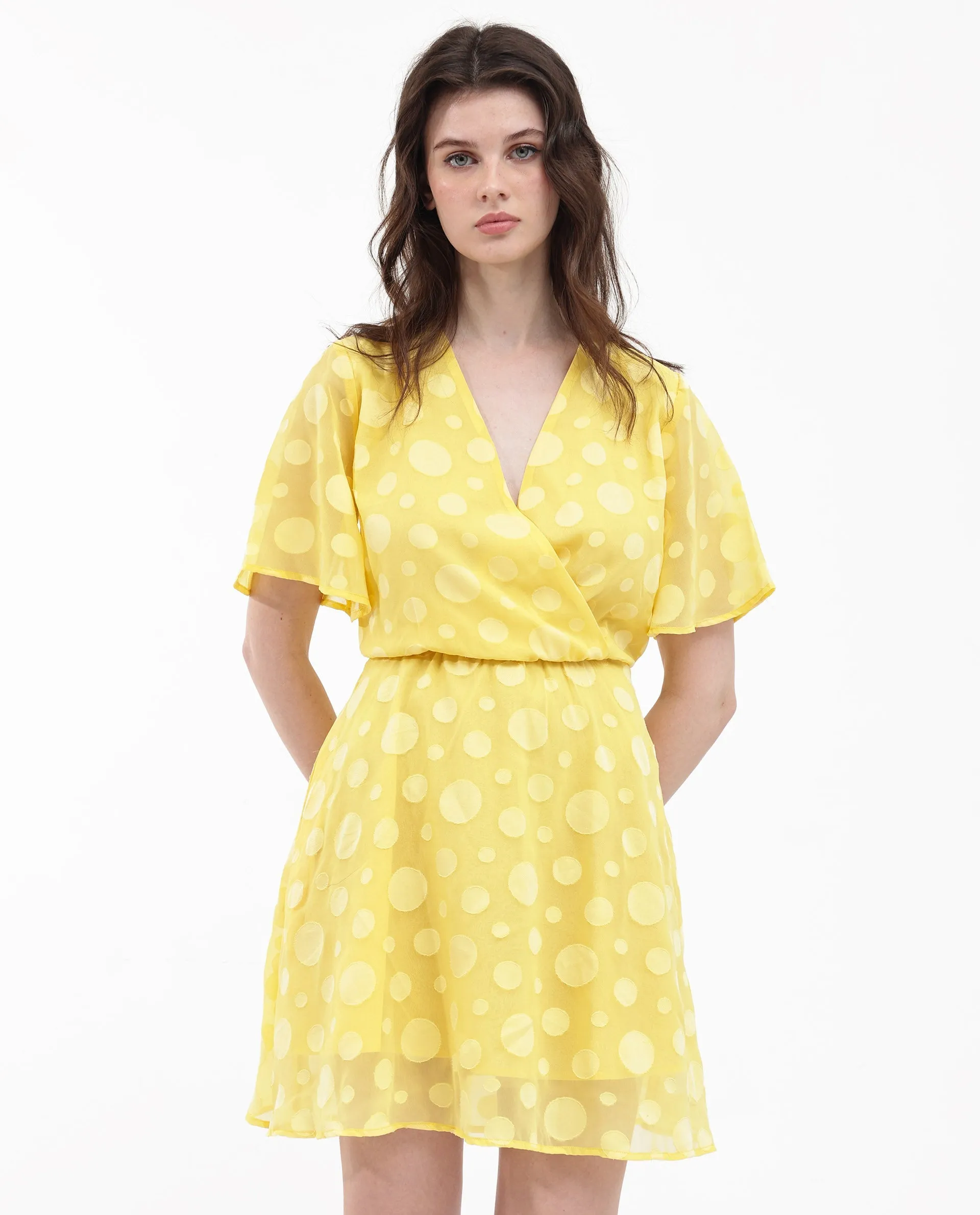 Rareism Women Wallant Yellow Polyester Fabric Regular Sleeves Key Hole Neck Solid Longline Dress