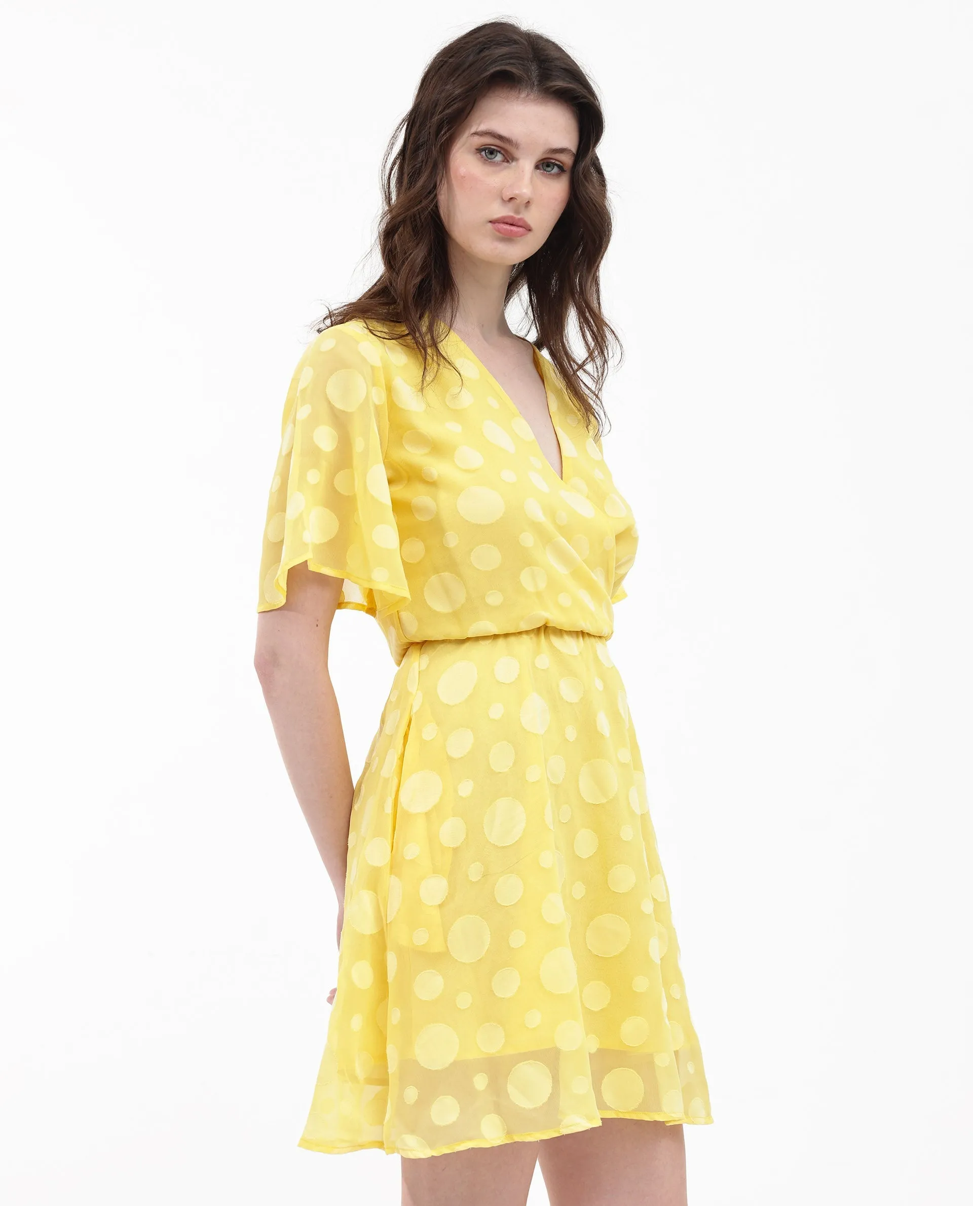 Rareism Women Wallant Yellow Polyester Fabric Regular Sleeves Key Hole Neck Solid Longline Dress