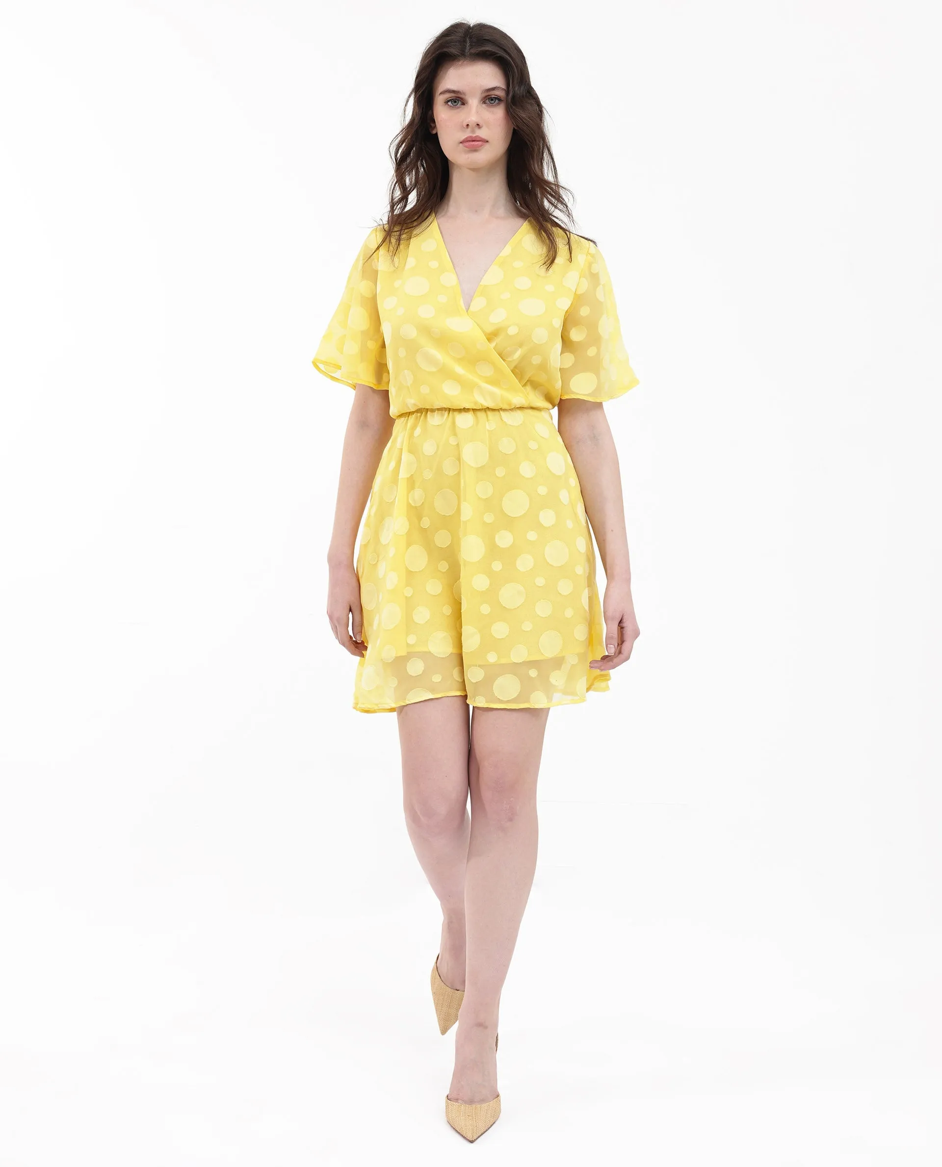 Rareism Women Wallant Yellow Polyester Fabric Regular Sleeves Key Hole Neck Solid Longline Dress