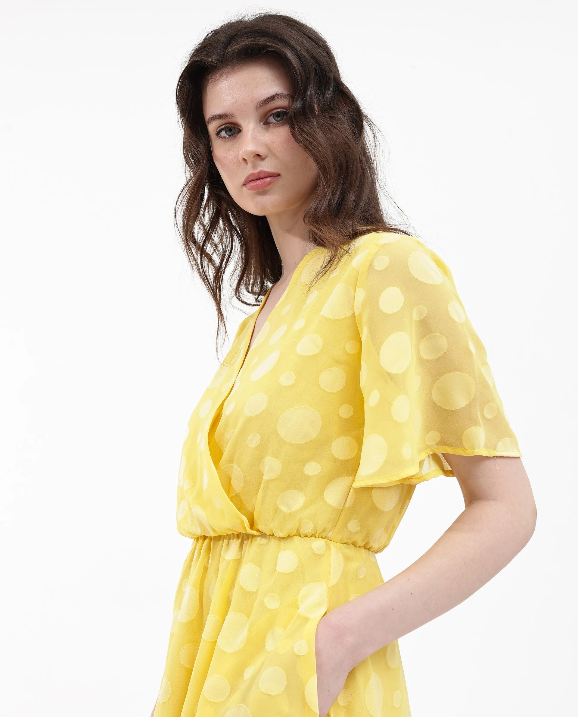 Rareism Women Wallant Yellow Polyester Fabric Regular Sleeves Key Hole Neck Solid Longline Dress