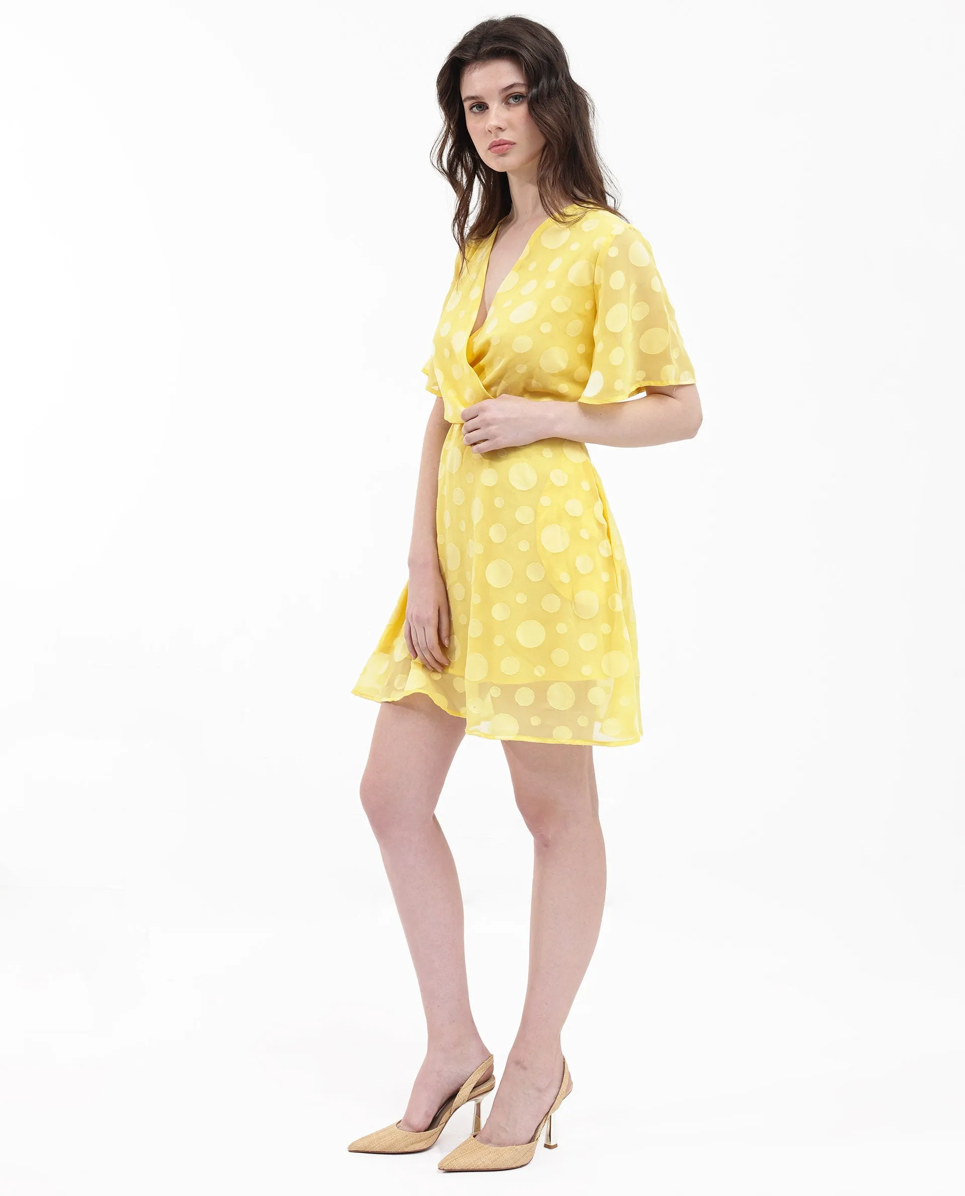 Rareism Women Wallant Yellow Polyester Fabric Regular Sleeves Key Hole Neck Solid Longline Dress