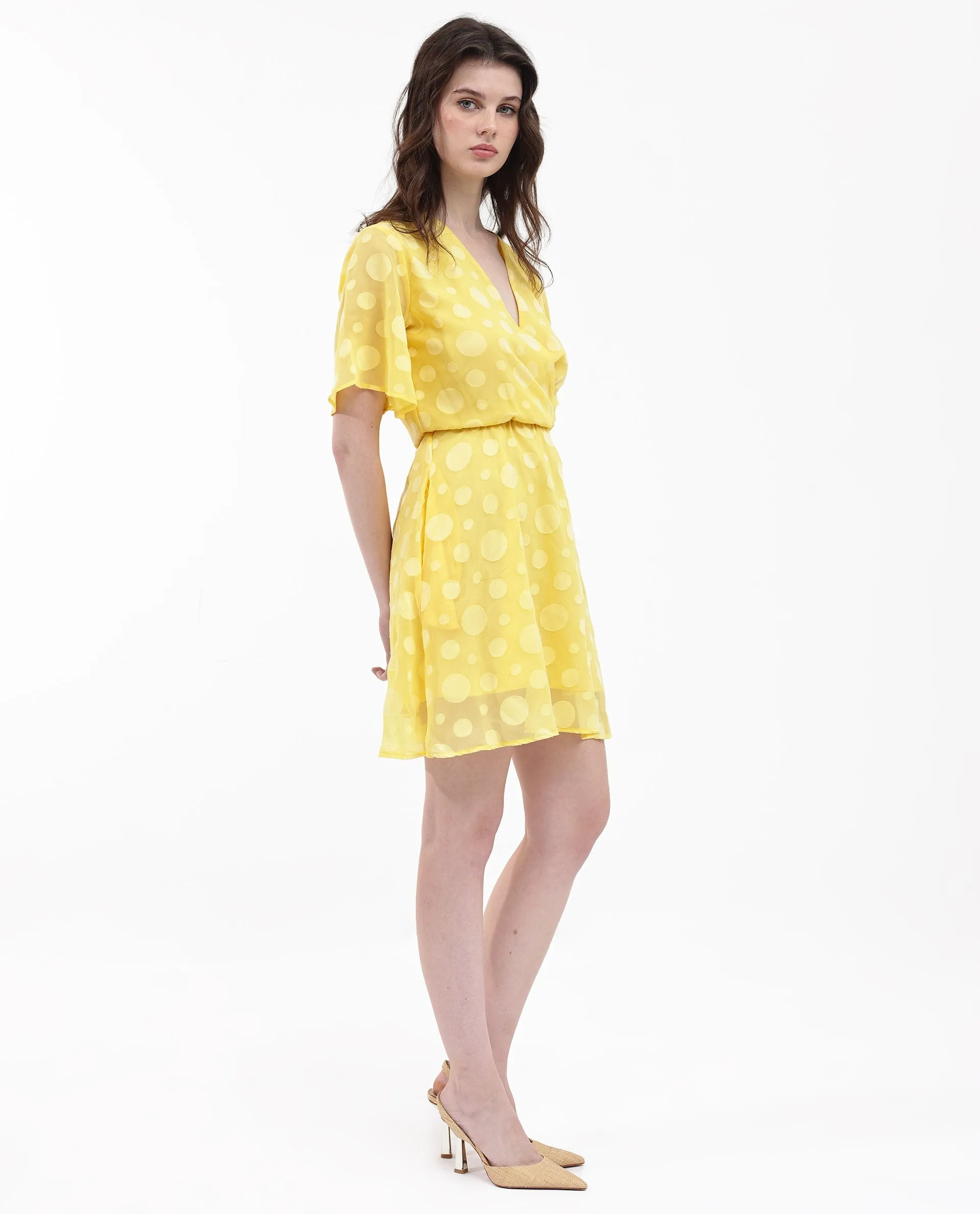 Rareism Women Wallant Yellow Polyester Fabric Regular Sleeves Key Hole Neck Solid Longline Dress