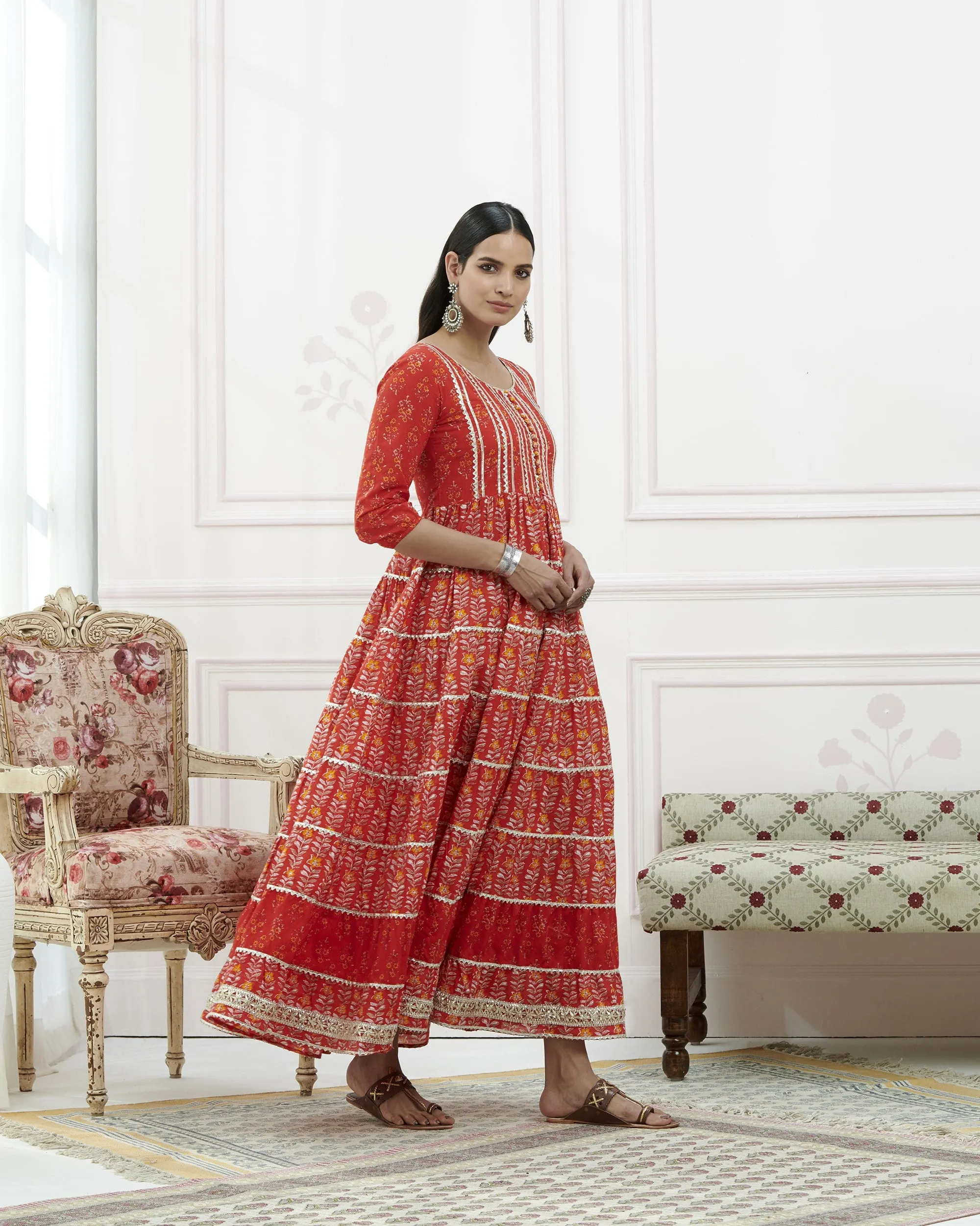 Red Cotton Hand Block Bagru Printed Tiered Dress With Gotta Lace