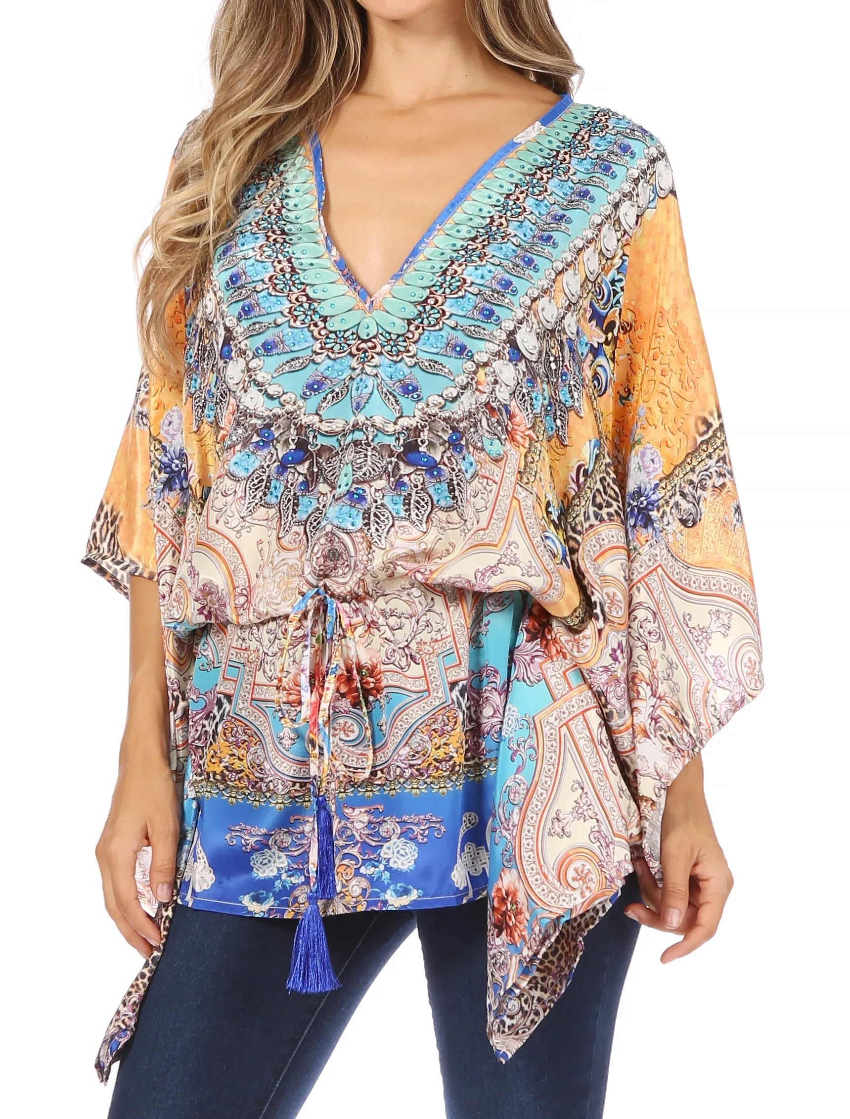 Sakkas Danis Women's Oversized Casual Pullover V-neck Short Sleeve Boho Top Blouse