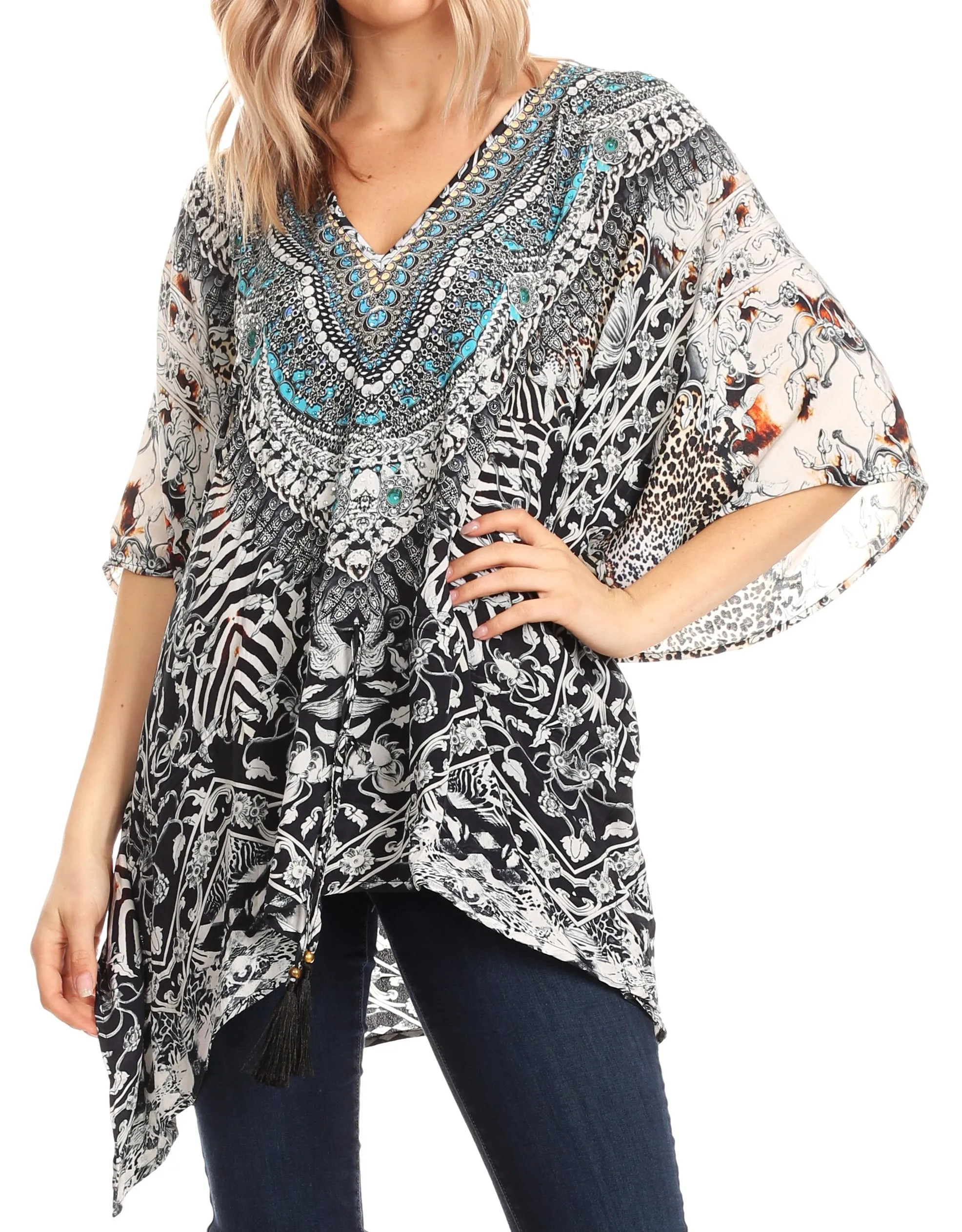 Sakkas Danis Women's Oversized Casual Pullover V-neck Short Sleeve Boho Top Blouse