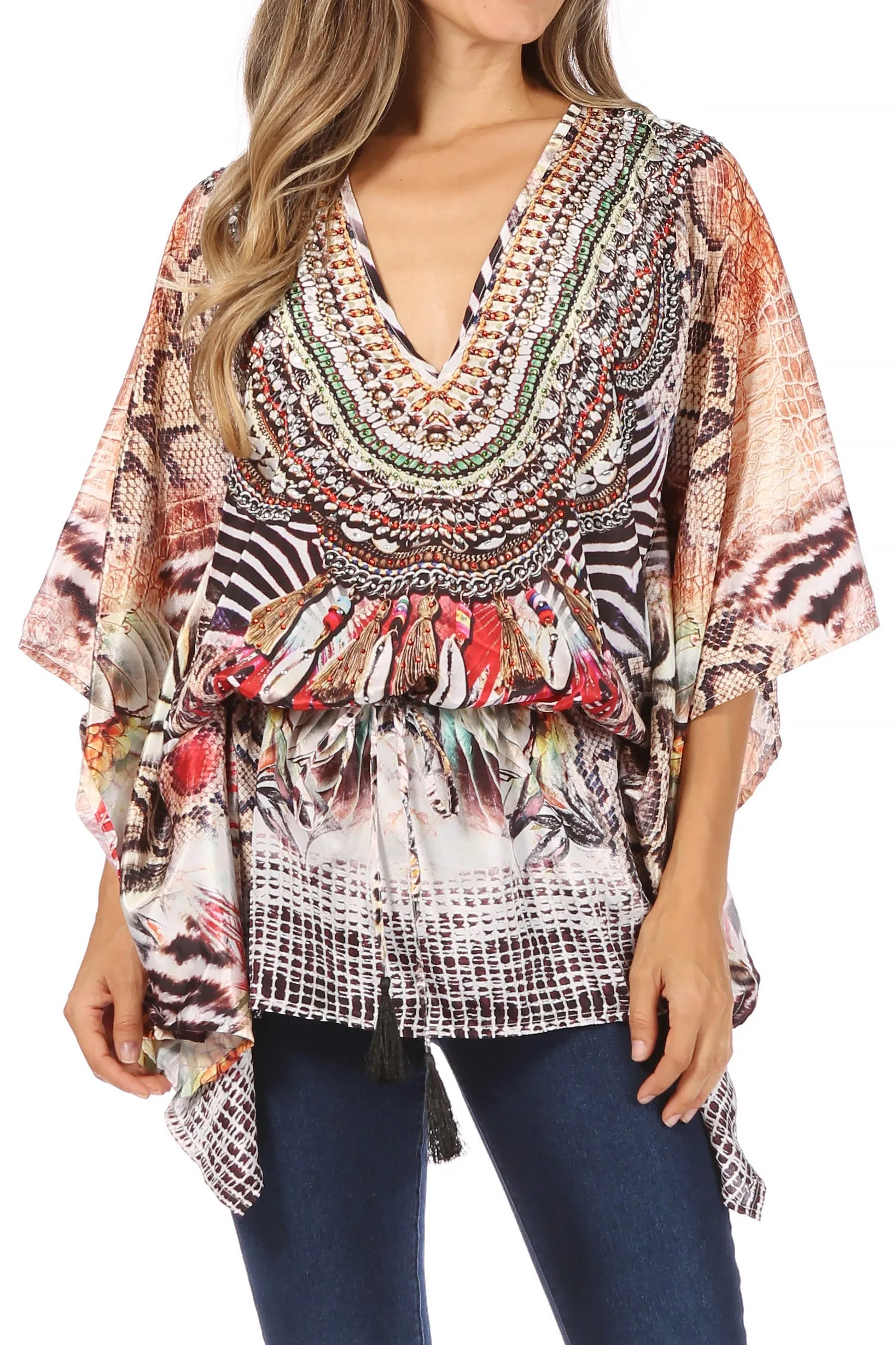 Sakkas Danis Women's Oversized Casual Pullover V-neck Short Sleeve Boho Top Blouse