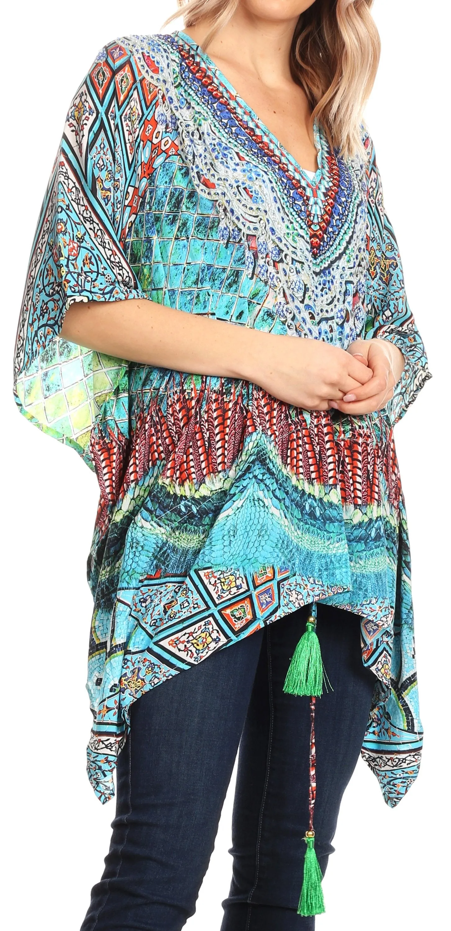 Sakkas Danis Women's Oversized Casual Pullover V-neck Short Sleeve Boho Top Blouse