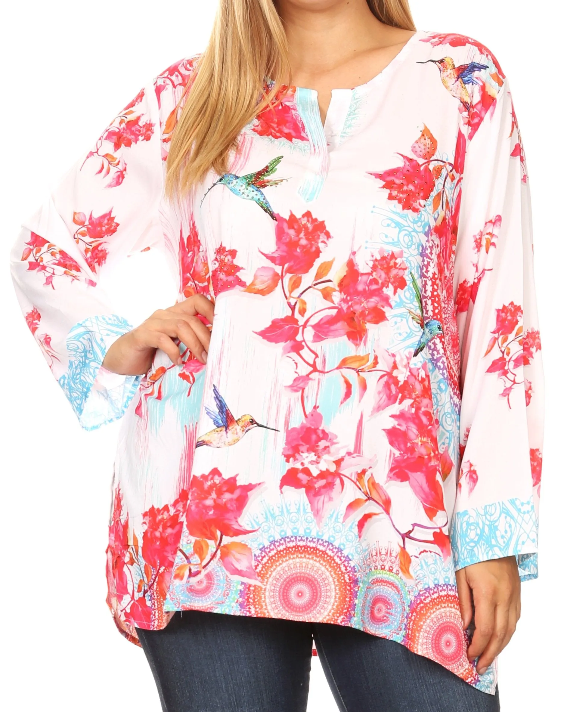 Sakkas Linea Women's Casual Floral Print Long Sleeve Swing Boho Pullover Tunic Top