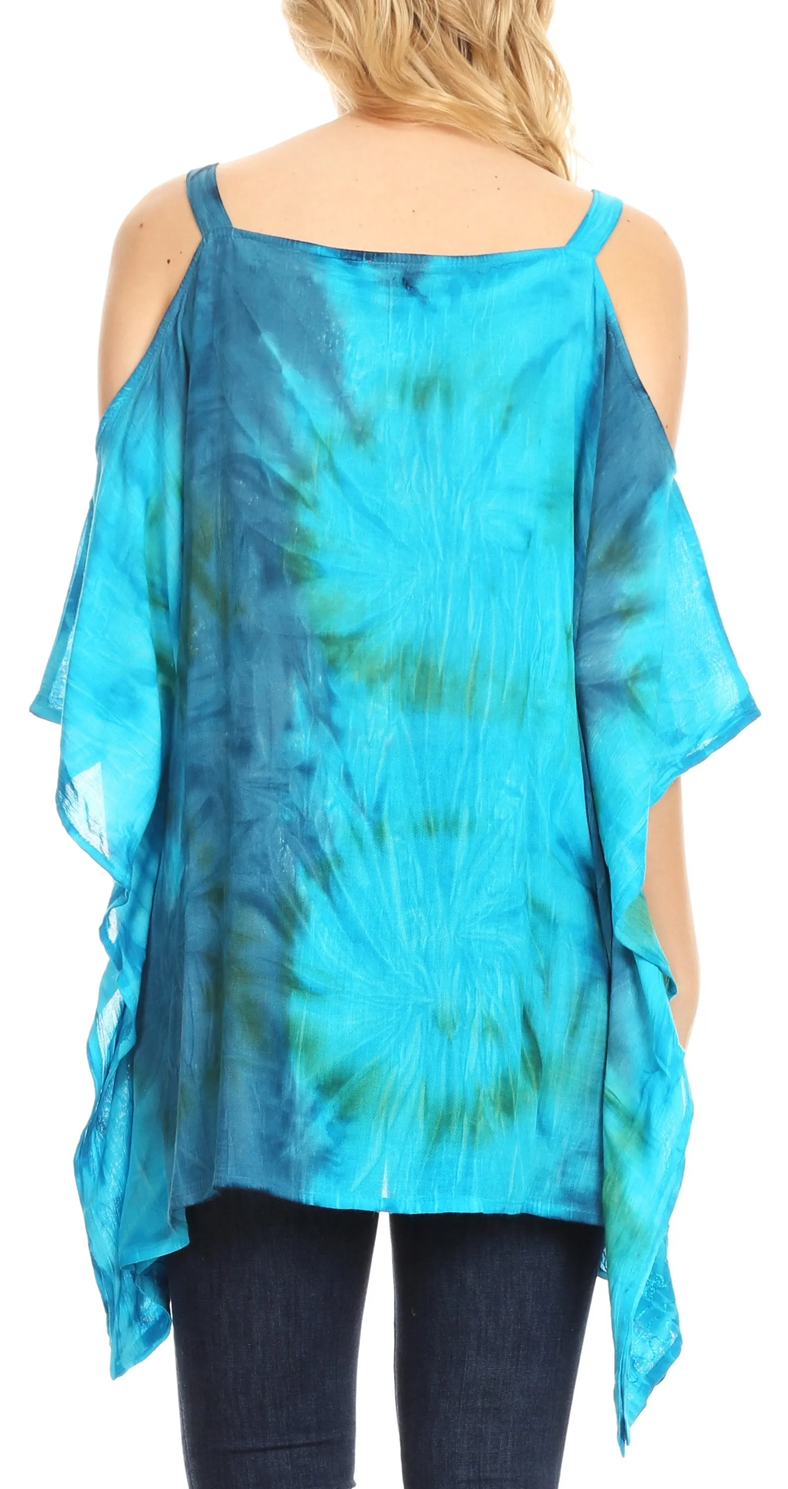 Sakkas Lucia Women's Tie Dye Embroidered Cold Shoulder Loose Tunic Blouse Top Tank