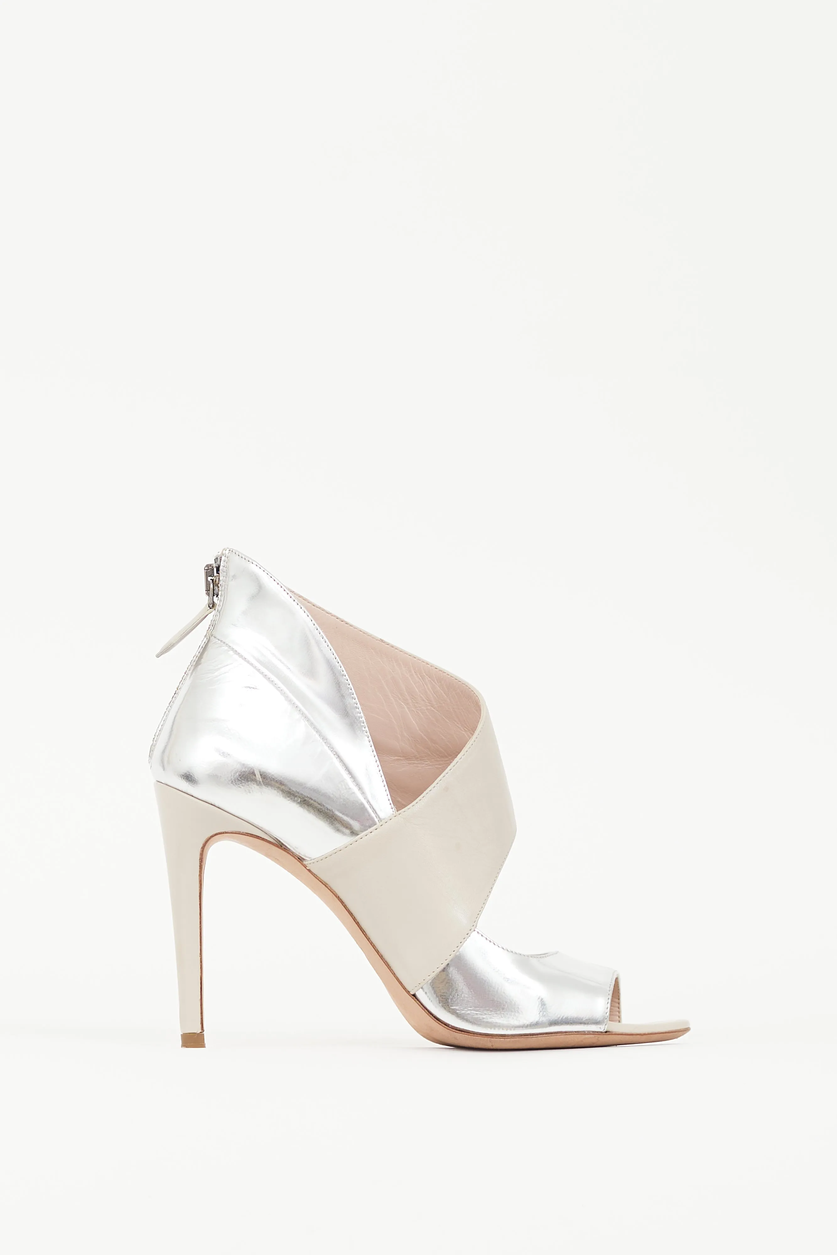 Silver & Beige Metallic Leather Sandal