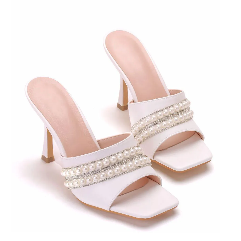 Sparkly Rhinestone Embellished Square Toe High Heel Mules - White