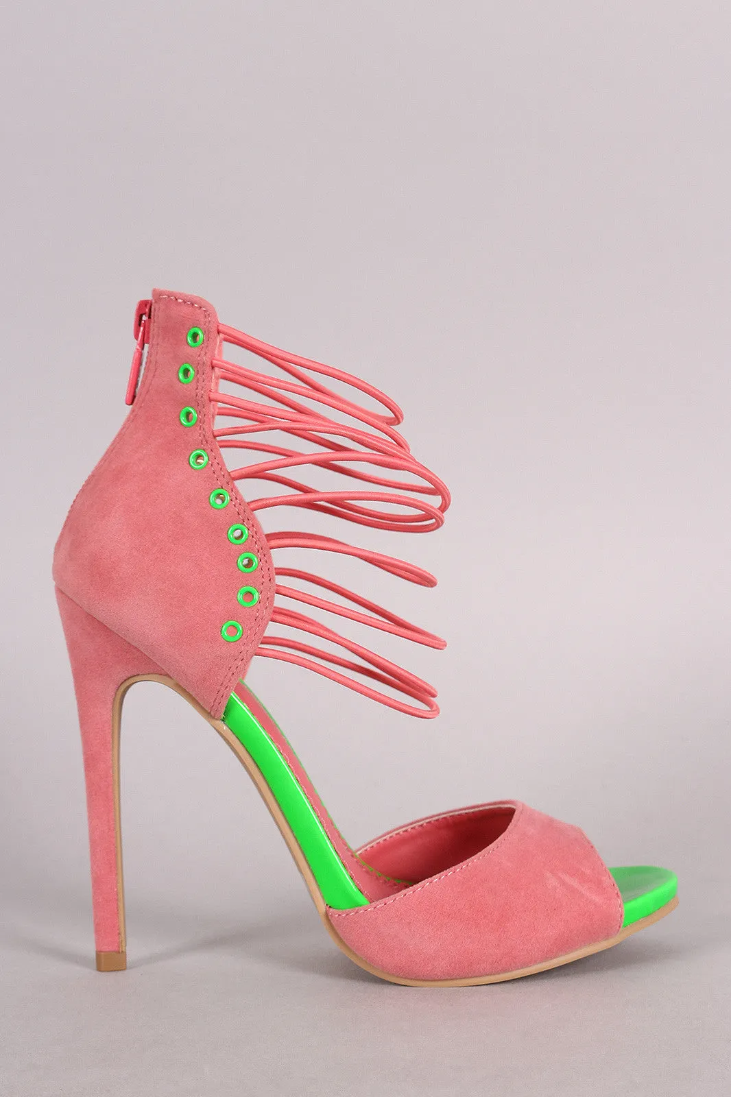 Suede Grommet Strappy Ankle Cuff Stiletto Heel