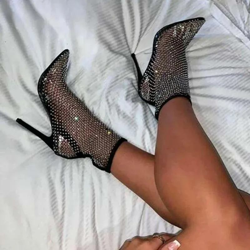 Summer Sparkle Rhinestone Mesh Pointed-Toe Sandals – Dazzling Stiletto High Heels for the Glamorous Woman, Perfect for Elevating Your Style