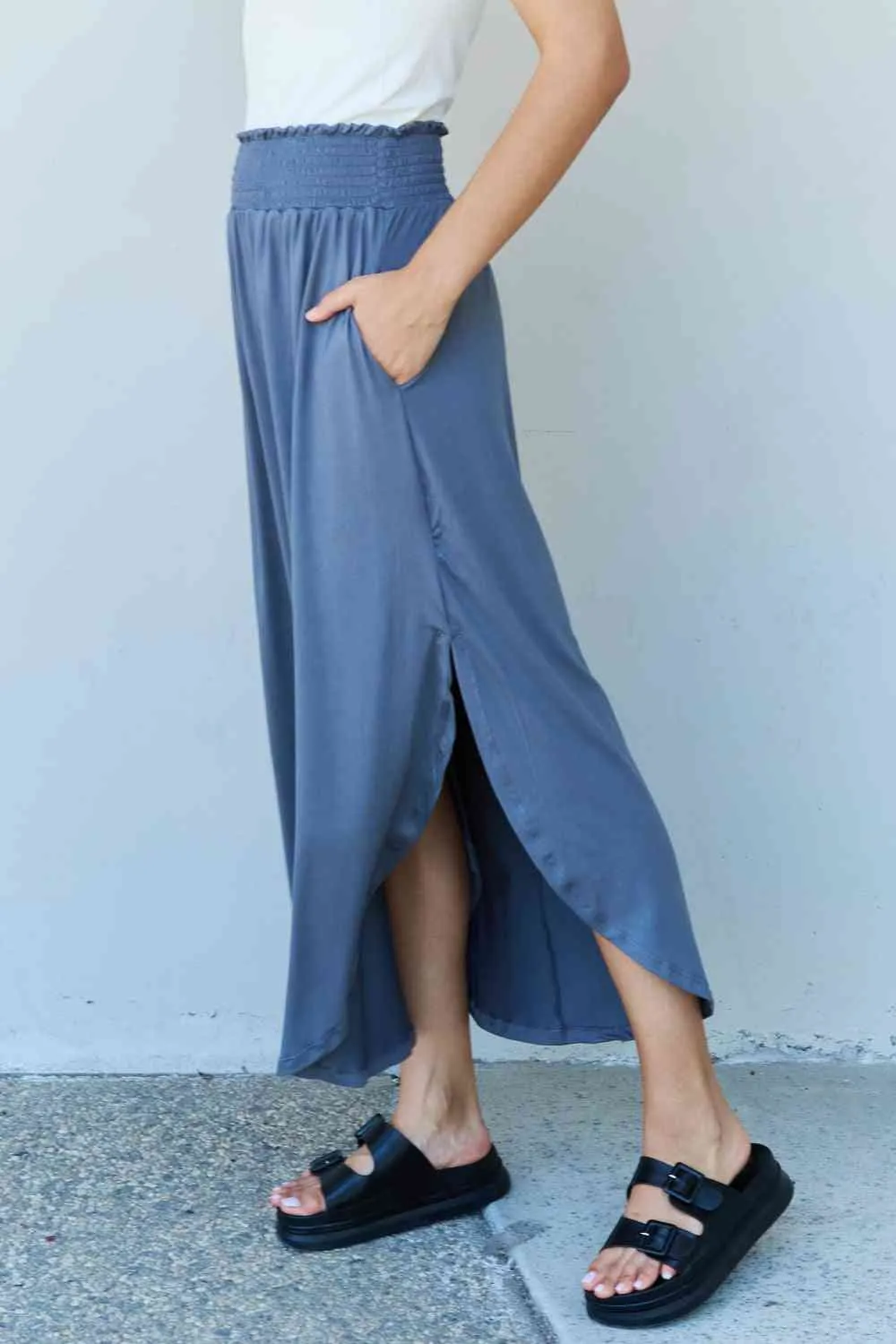 The Nina High Waist Scoop Hem Maxi Skirt in Dusty Blue