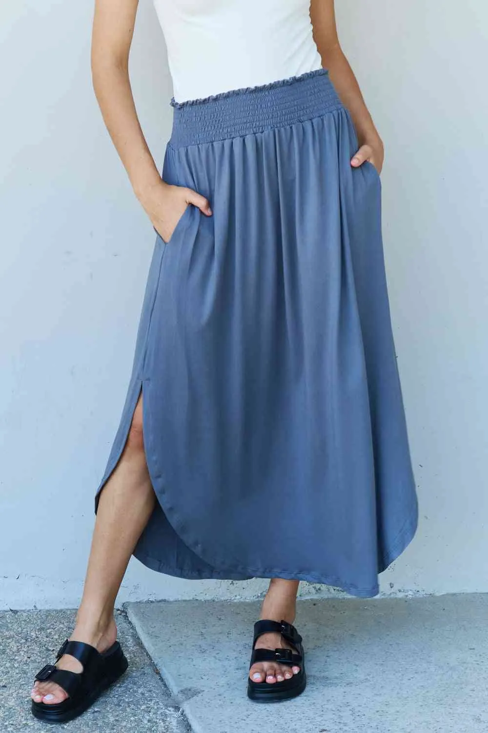 The Nina High Waist Scoop Hem Maxi Skirt in Dusty Blue