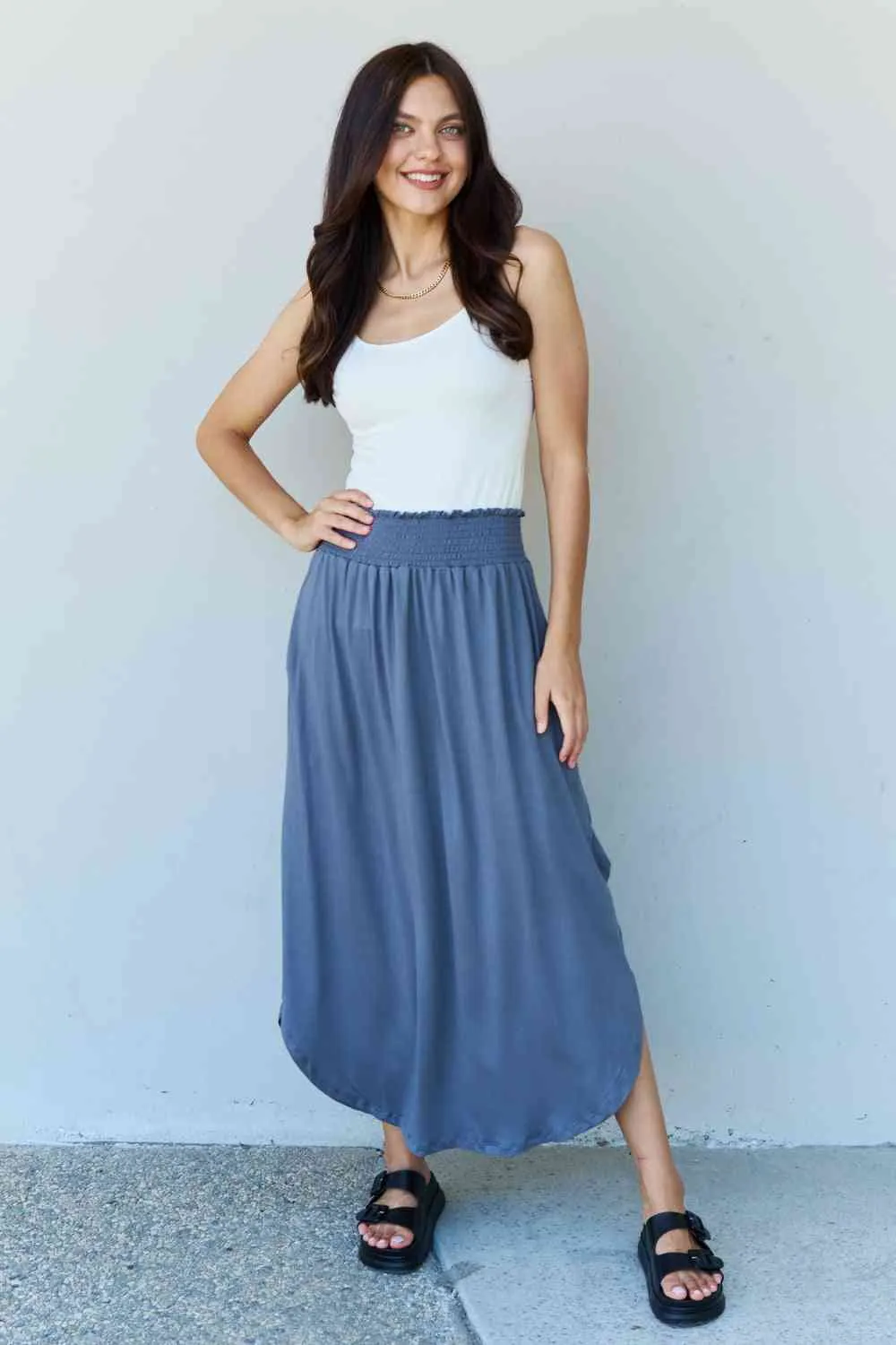 The Nina High Waist Scoop Hem Maxi Skirt in Dusty Blue