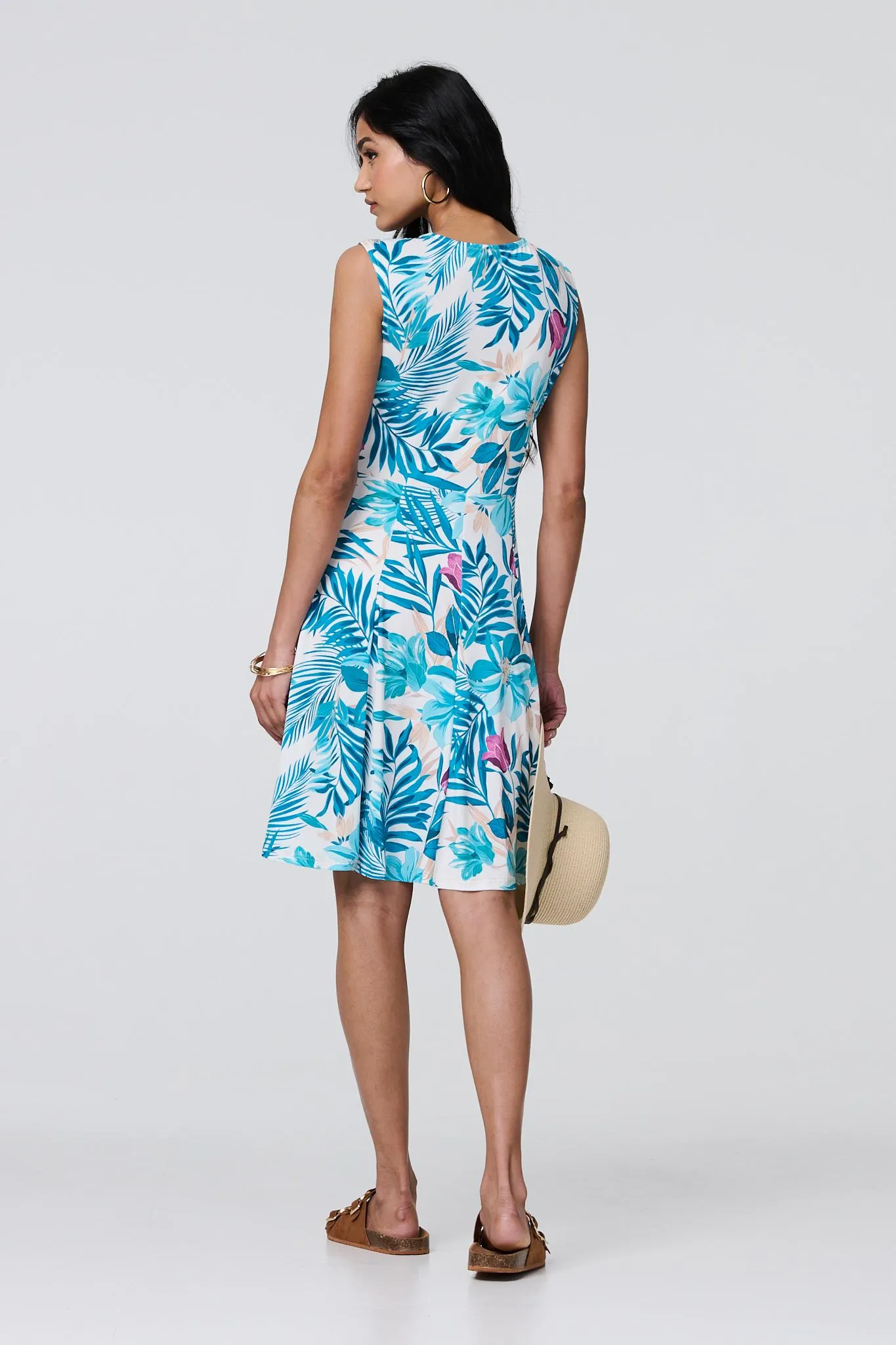 Tropical Print Sleeveless Knee Length Dress