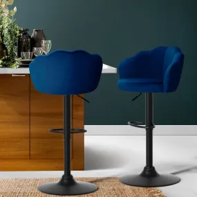 Two Bar Stools Gas Lift Velvet Blue