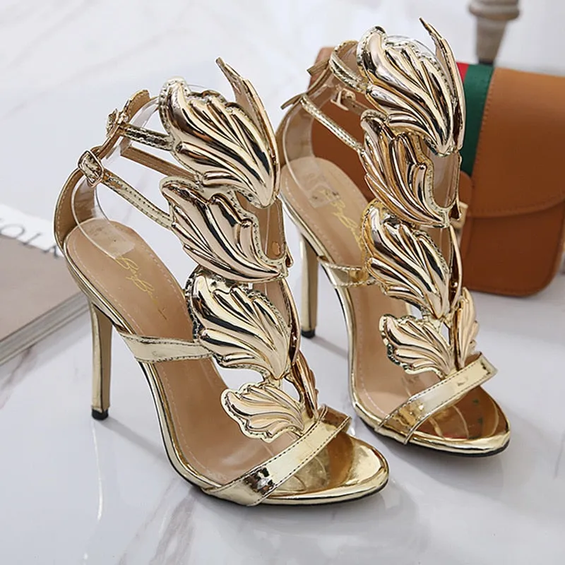 Uniwim Luxury Women 11Cm High Heels Fetish Leather Sandals Sexy Gold Metal Wing Summer Shoes Lady Stiletto Party Valentine Sandles