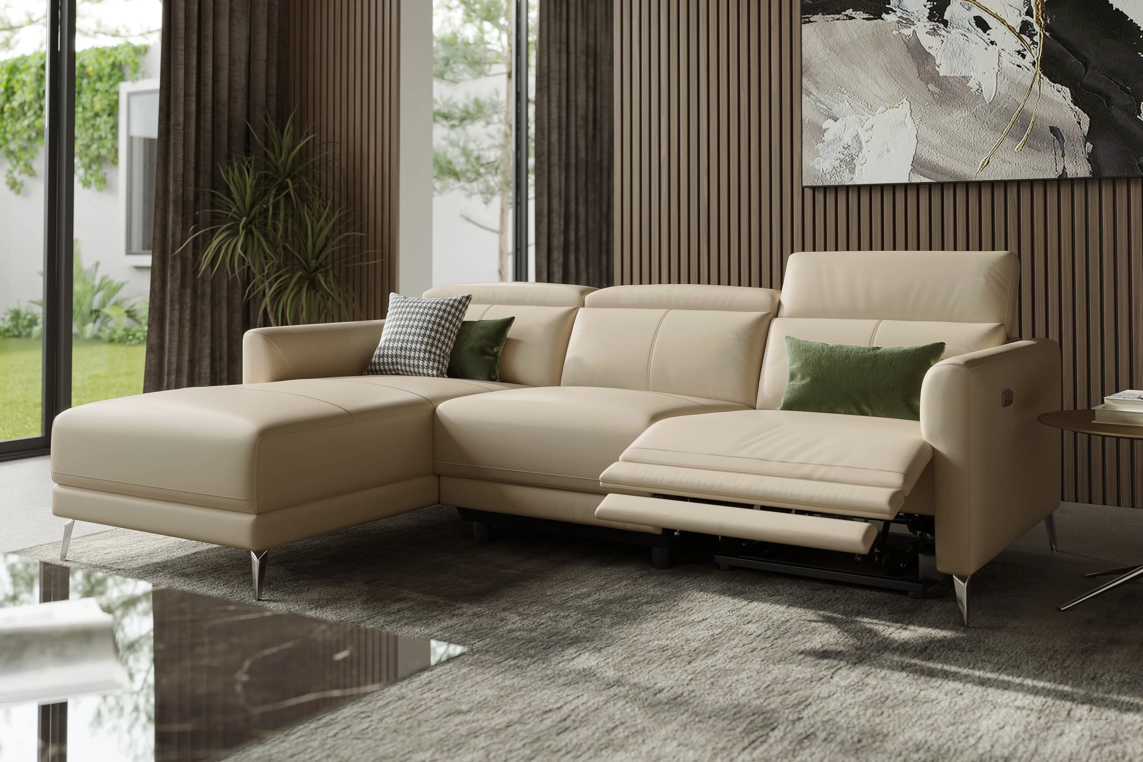 Valencia Andria Modern Left Hand Facing Top Grain Leather Reclining Sectional Sofa, Beige Color