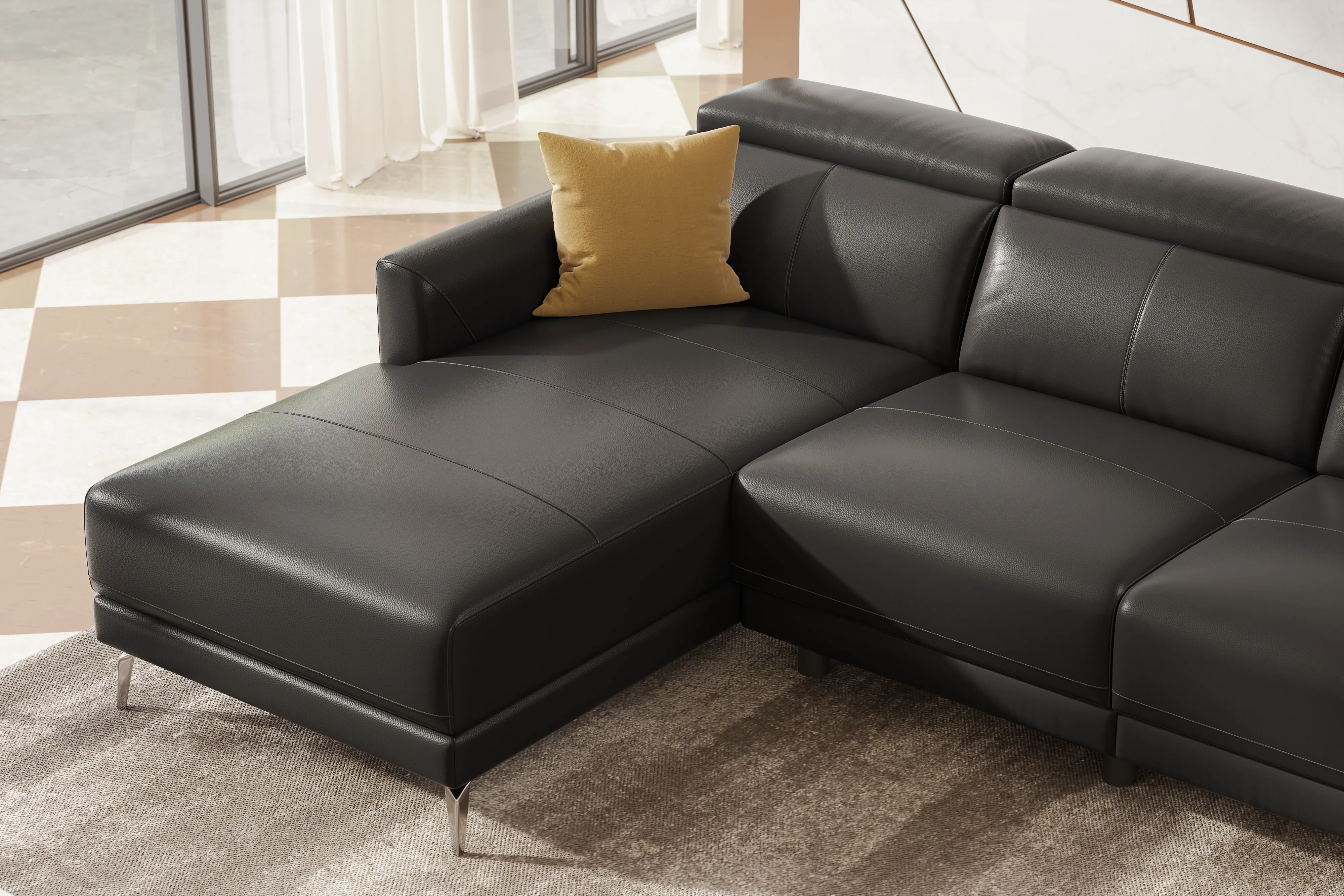 Valencia Andria Modern Left Hand Facing Top Grain Leather Reclining Sectional Sofa, Black Color