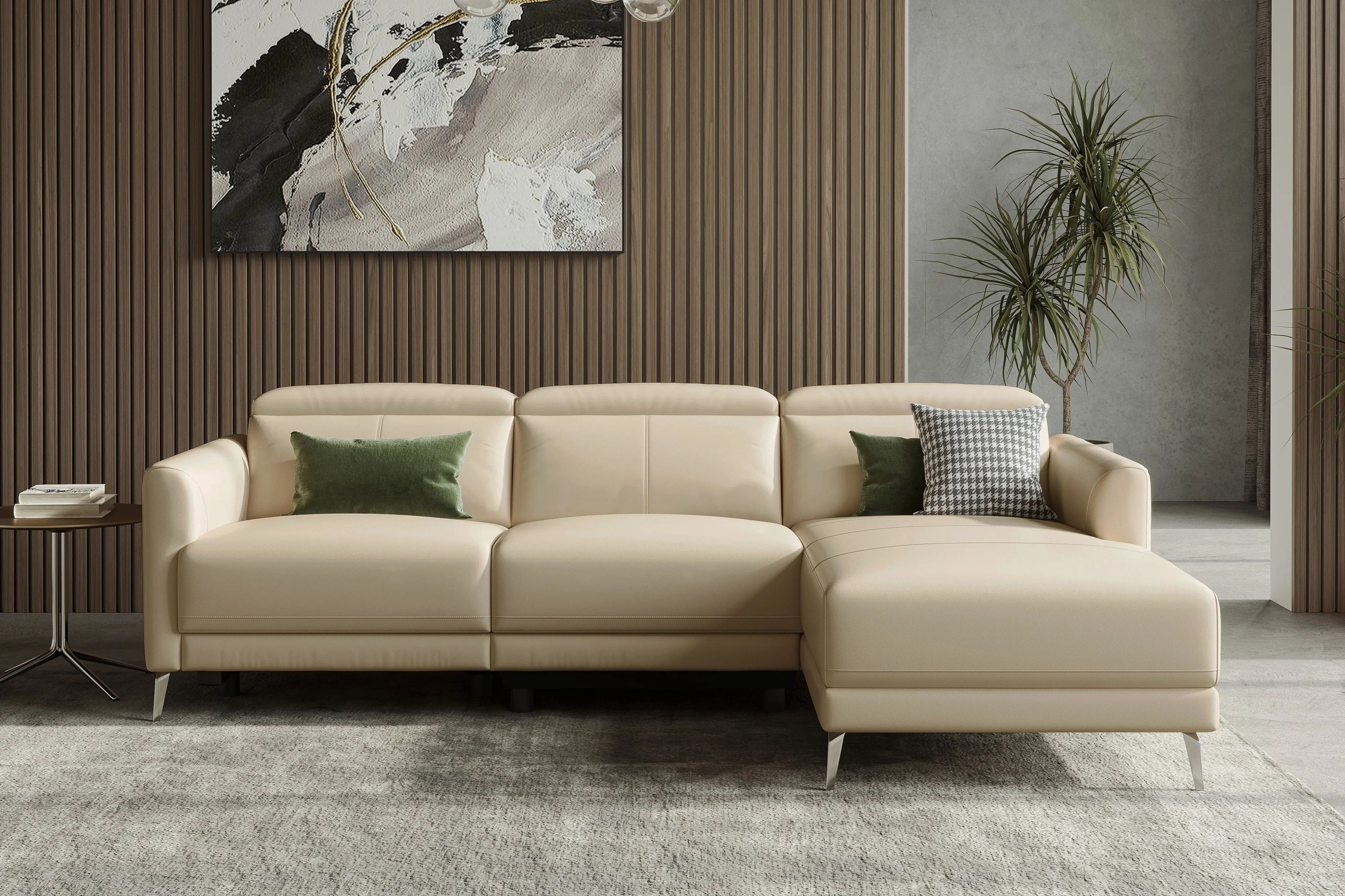 Valencia Andria Modern Right Hand Facing Top Grain Leather Reclining Sectional Sofa, Beige Color